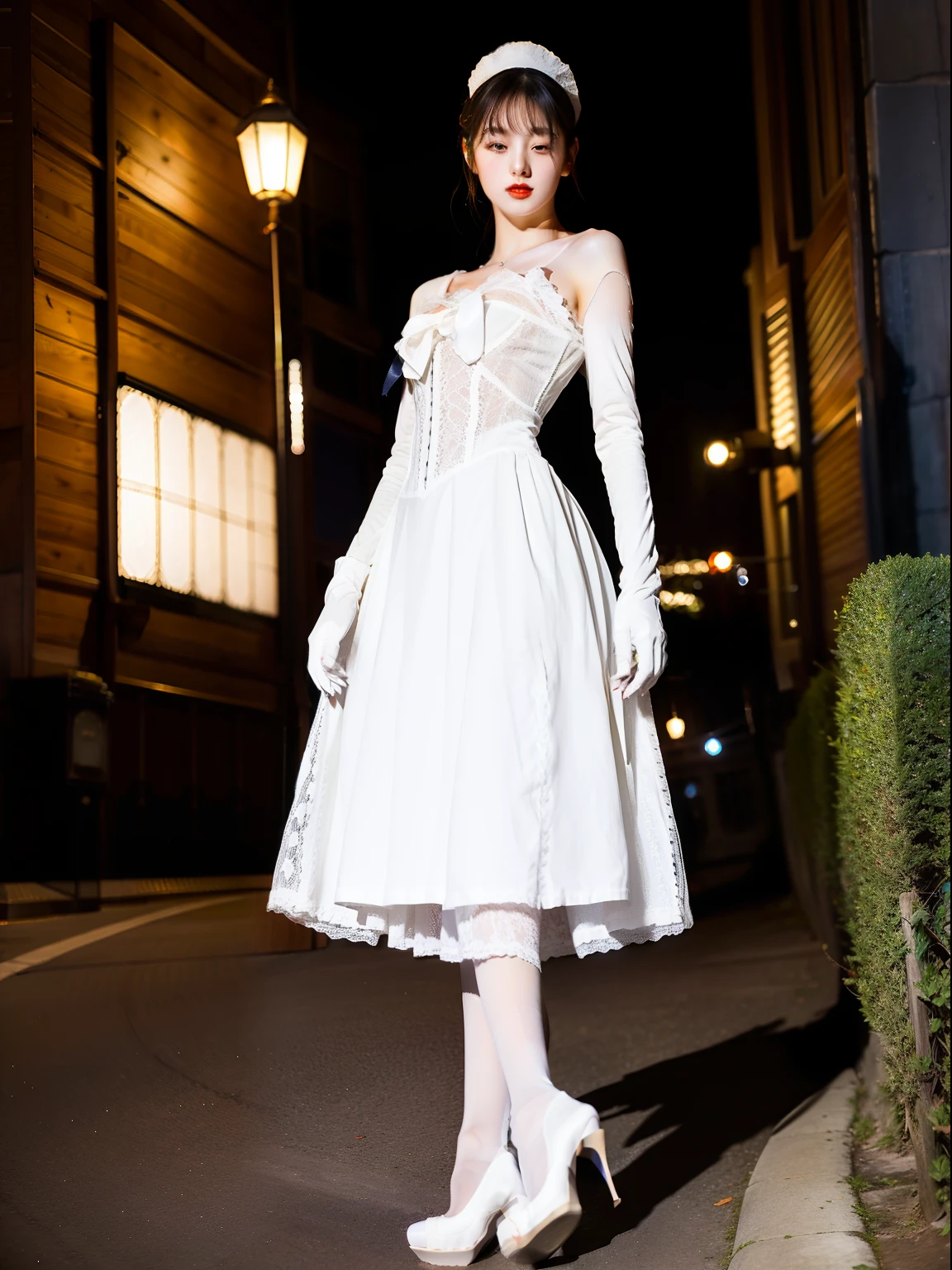 Japanese Sailor-Moon in a solid-white Lace-dress, white lace-up corset,white Eye-Mask,white stiletto heeled boots,white Long gloves for dress,transparent white pantyhose。night,outdoors,church,historic-building,grove。