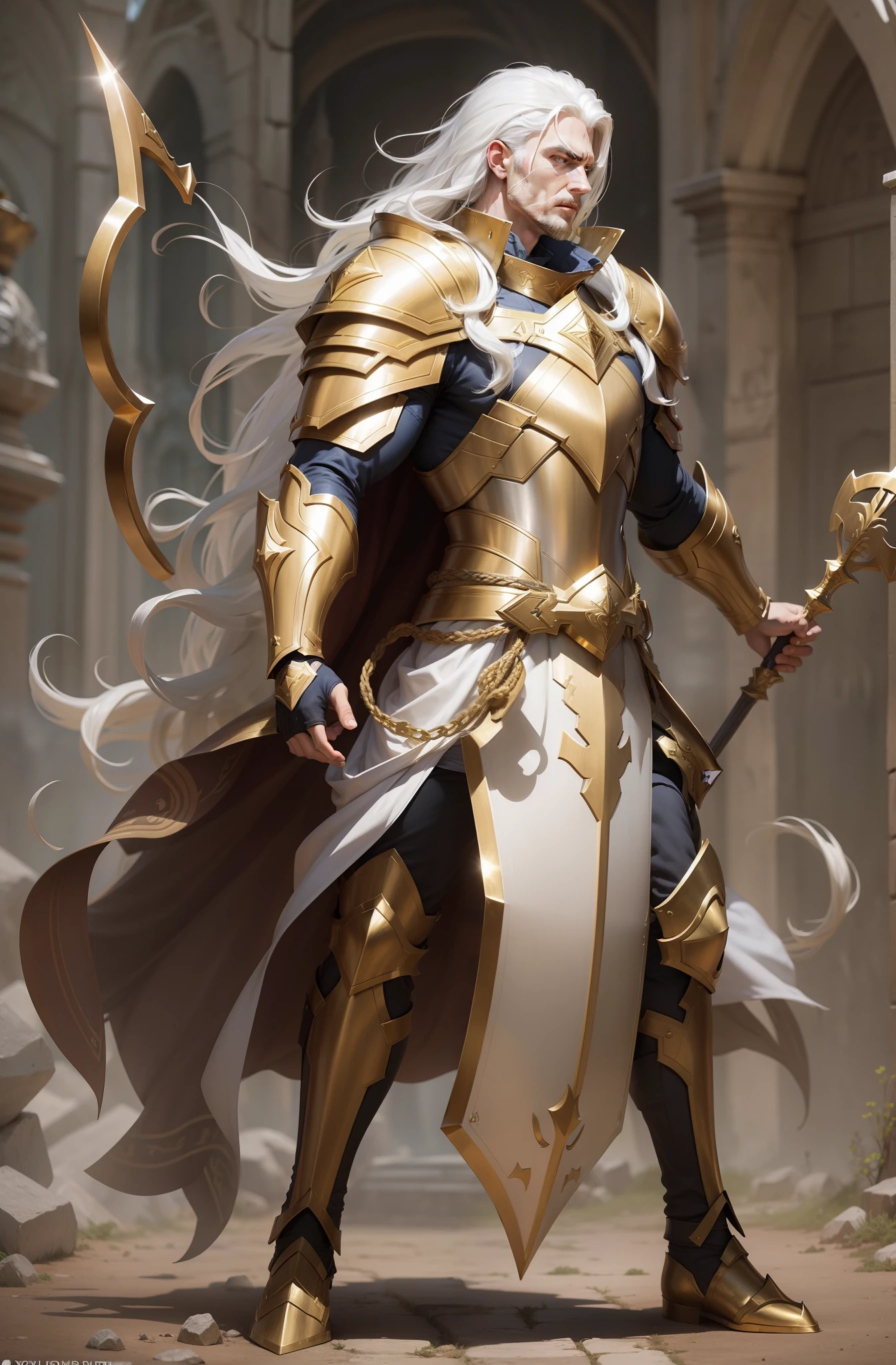 man with giant shield Fantasy action golden armor brave white hair full body giant shield