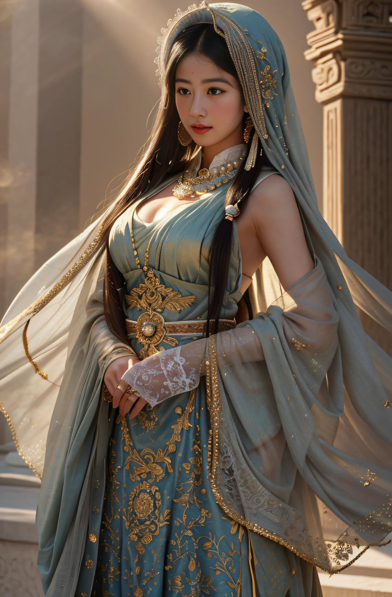 (RAW photo, Best quality), (Realistic, photo-realistic:1.3),Turban dress, Best quality, Highly detailed, Masterpiece, Ultra-detailed, illustration, 1girll, The upper part of the body_Body, Dynamic Angle, world masterpiece theater, Messy_Long_Hair, Best quality, Extremely detailed Cg Unity 8K wallpaper, ink, Amazing, Cinematic lighting, lens_flare, dunhuang_Style,