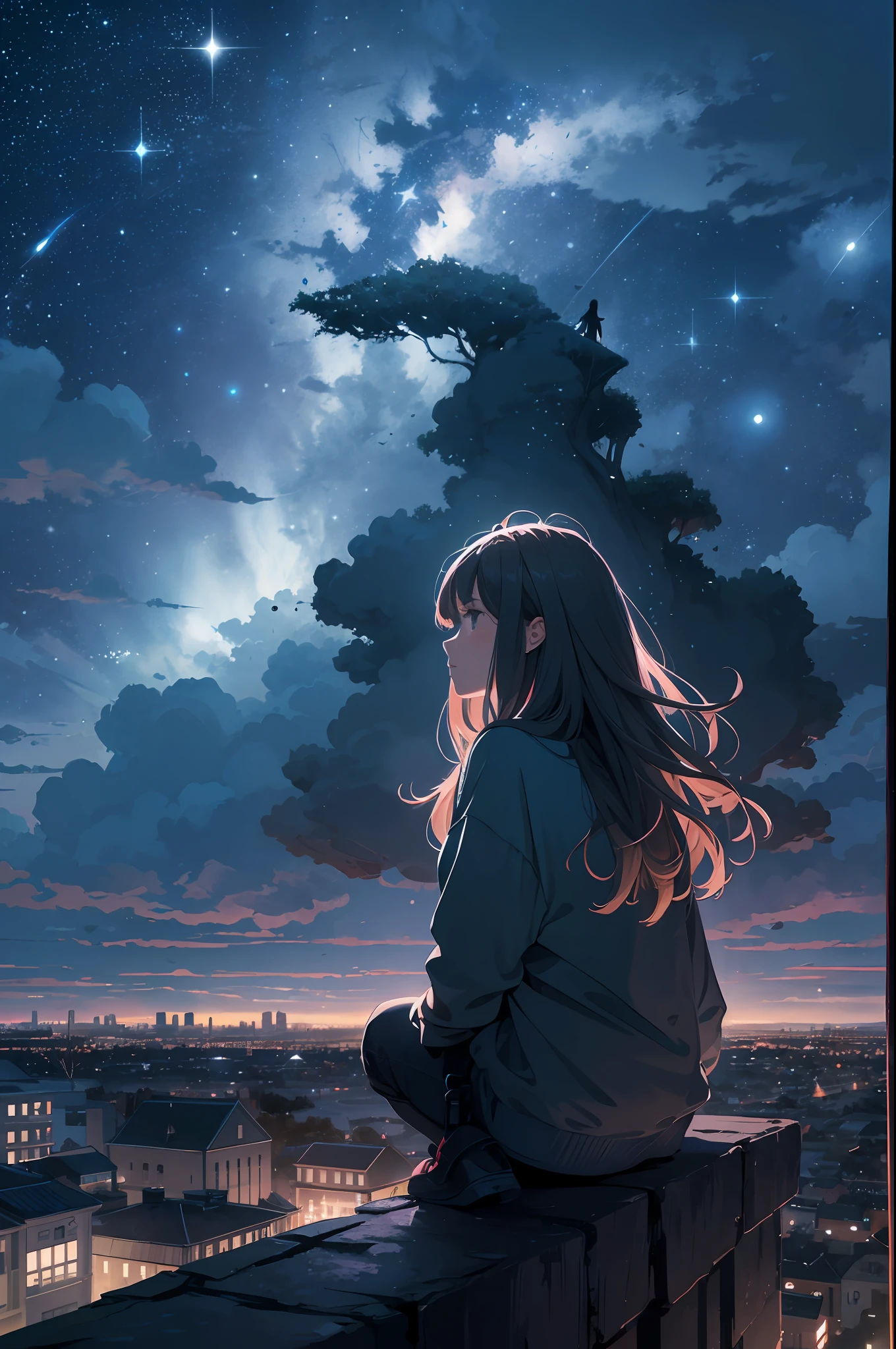 A girl sitting on a ledge looking at the sky - SeaArt AI