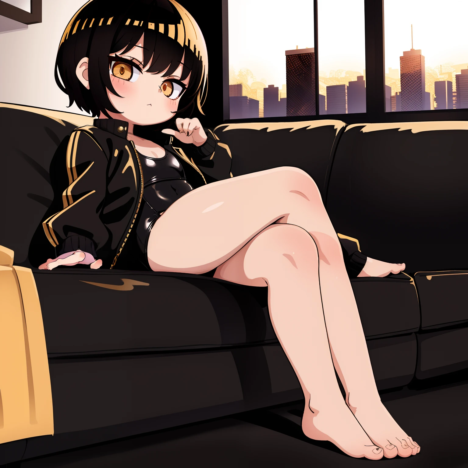 emo loli sitting on a leather couch, curvy little loli, short hair, gold, black gold jacket, black gold swimsuit, detailed bare feet, present standing, huge window behind, city view