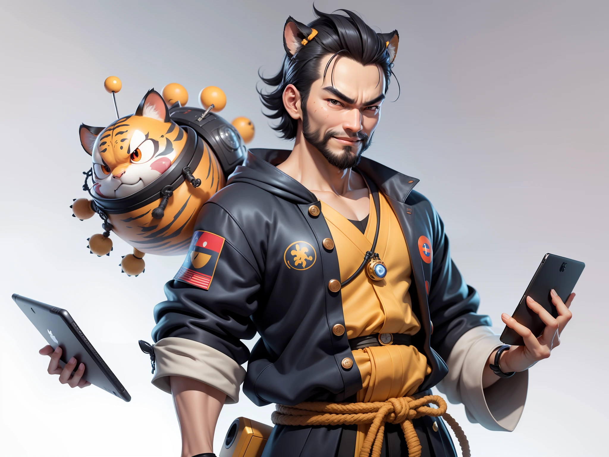 (Daisaku),(Need),(Super meticulous),(full bodyesbian:1.2),Super young man with Japanese geisha,Beautiful,orient,one tiger,Aeolian Thor,Raised sexy,爆乳,Oriental face,TV Anchor,Bust portrait illustration,In black suit,a blue tie,The face is slightly chubby,The face was clean,without a beard,Black super short hair,Black eyes,Smile confidently,3C computer sub-products,iPad, iphone,Digital painting,3D character design by Mark Clairen and Pixar and Hayao Miyazaki and Akira Toriyama,The illustration is a high-definition illustration in 4K resolution,With very detailed facial features and cartoon-style visuals。