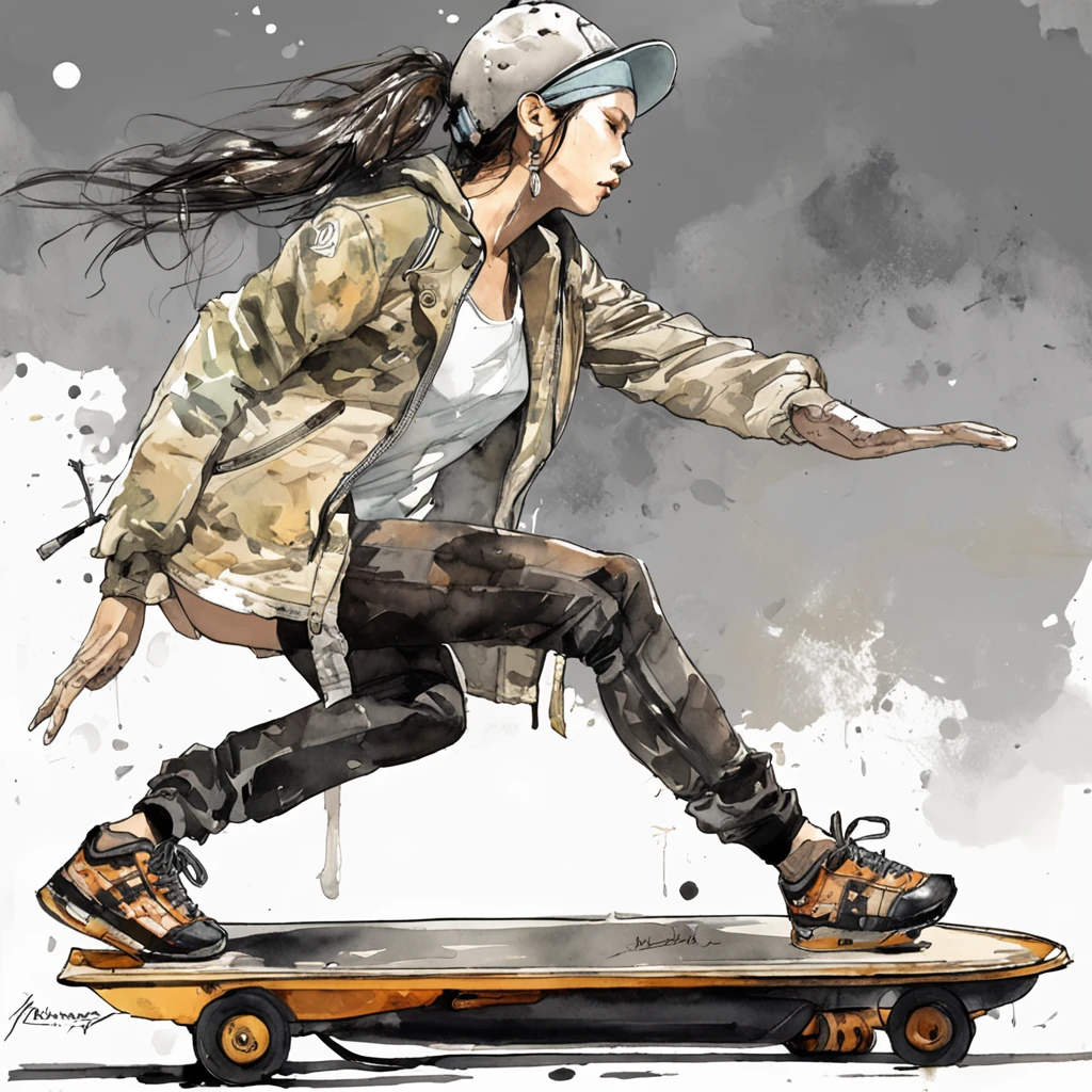 (((Yoji Shinkawa))), sticker of ultra detailed portrait of Noelle Silva skateboarding, high quality cell shaded illustration in post apocalyptic style by Yoji Shinkawa, full body, dynamic pose, perfect anatomy, centered, freedom, soul, approach to perfection, cell shading, 8k , cinematic dramatic atmosphere, watercolor painting, global illumination, detailed and intricate environment, artstation, concept art, fluid and sharp focus, volumetric lighting, cinematic lighting, Art by Yoji Shinkawa