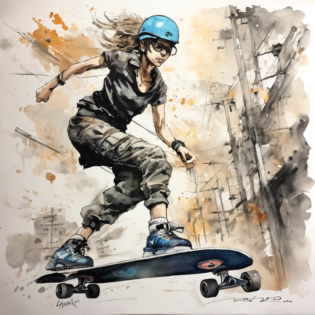 (((Yoji Shinkawa))), sticker of ultra detailed portrait of Noelle Silva skateboarding, high quality cell shaded illustration in post apocalyptic style by Yoji Shinkawa, full body, dynamic pose, perfect anatomy, centered, freedom, soul, approach to perfection, cell shading, 8k , cinematic dramatic atmosphere, watercolor painting, global illumination, detailed and intricate environment, artstation, concept art, fluid and sharp focus, volumetric lighting, cinematic lighting, Art by Yoji Shinkawa