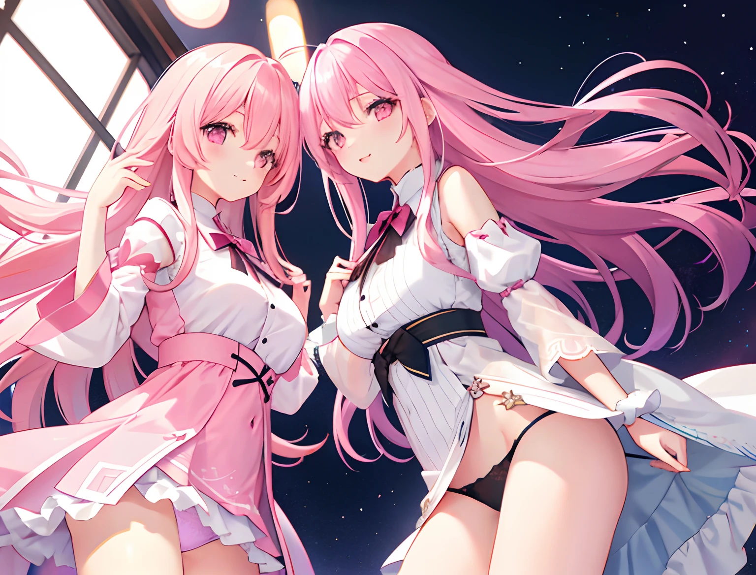 2girls，A pink-haired，long whitr hair，mediuml breasts，比基尼，Breast collision，Light panties，The same clothes