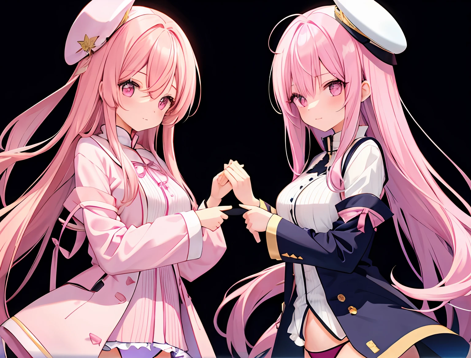2girls，A pink-haired，long whitr hair，mediuml breasts，比基尼，Breast collision，Light panties，The same clothes