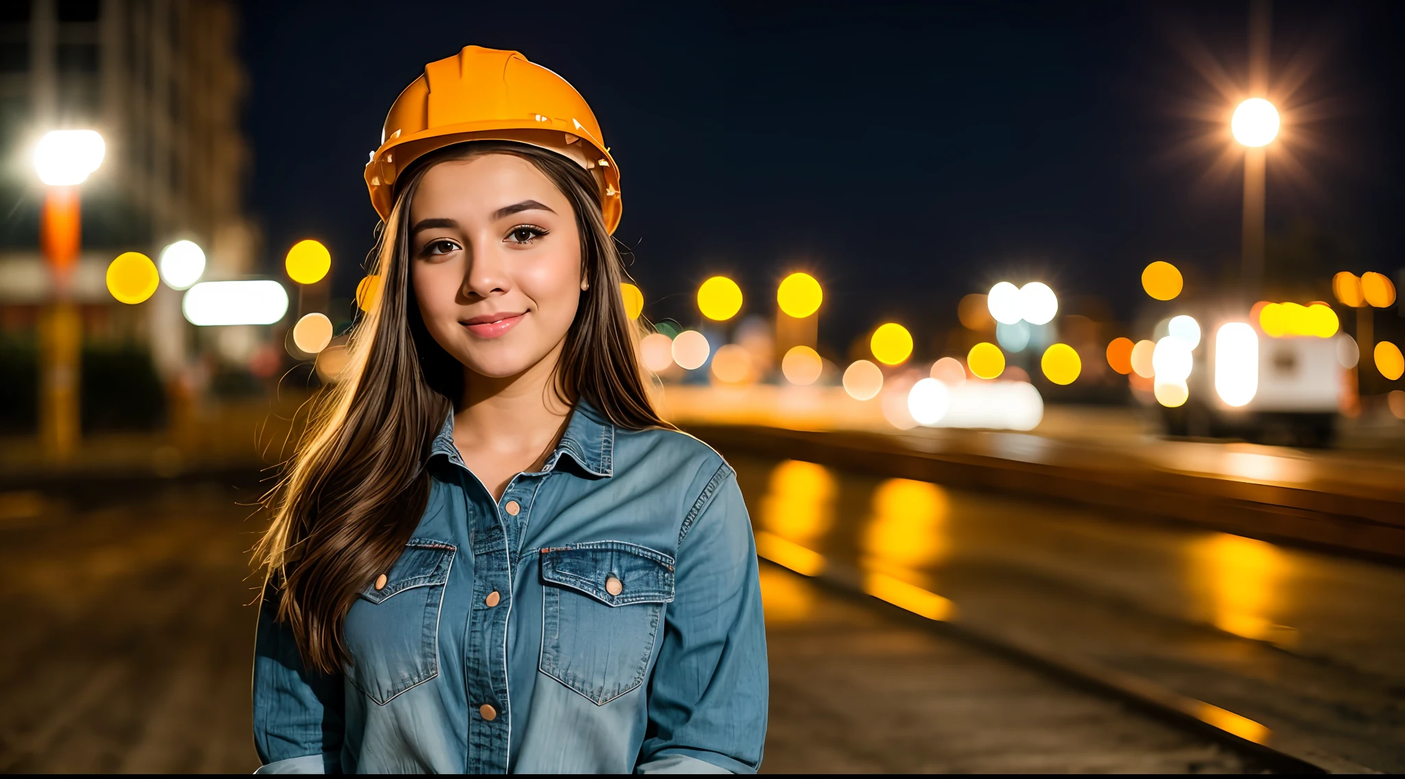 instagram photo, full body closeup face photo of 18 y.o woman embracing her role as a construction worker, beautiful face, makeup, night city street, bokeh, motion blur