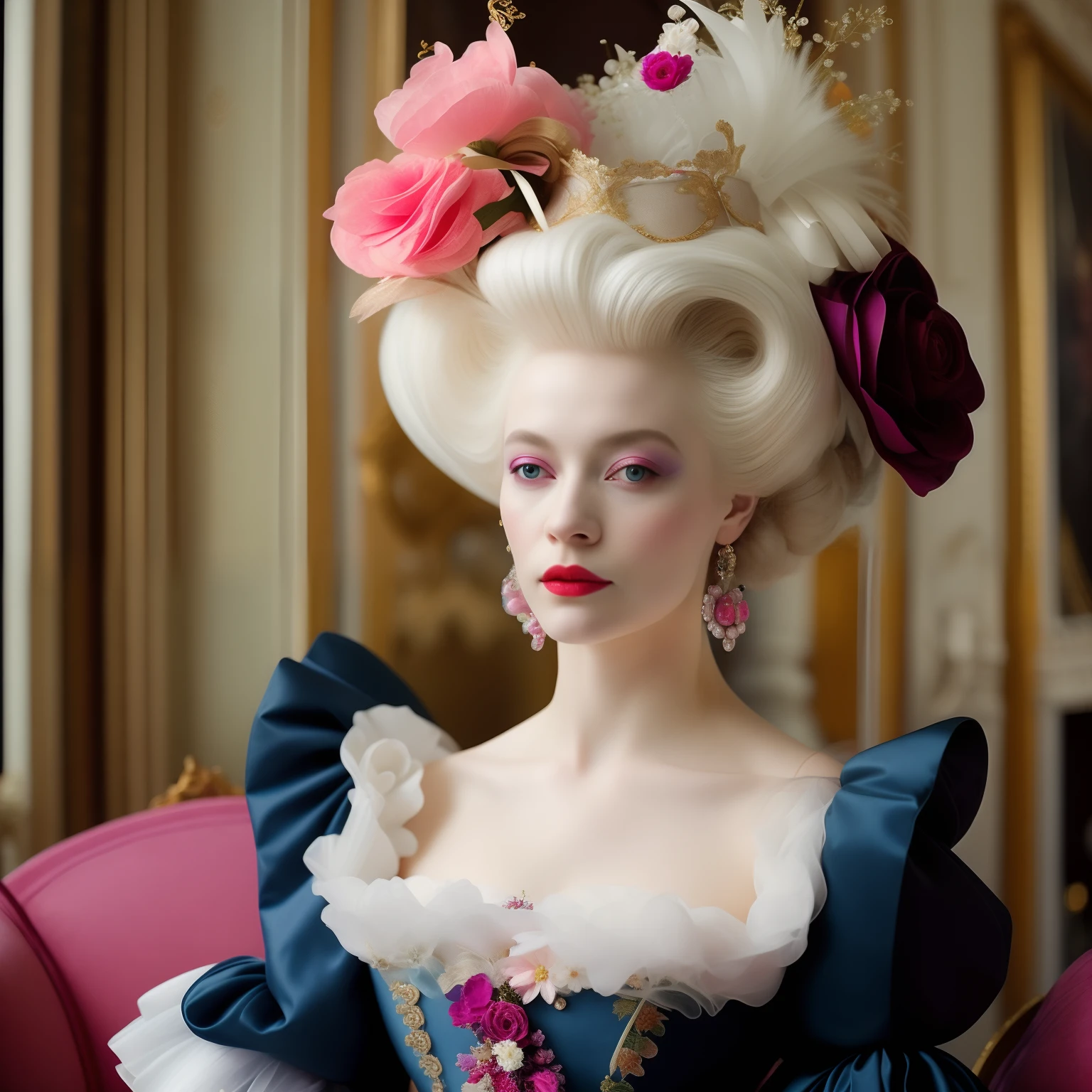 close - up regency solo photo Marie Antoinette with colorful neon poofy rococo hair color, with delicate flowers drinking tea, heavy cyberpunk makeup- themed party inside palace of versailles, a portrait by Tim Walker showcases a glamorous guest, exuding elegance and sophistication, warmingly gazing. A shallow depth of field f/1.8 is used to isolate the subject from the opulent surroundings, drawing focus to the individual's captivating expression. The shutter speed is set at 1/100s and ISO 200, capturing a perfect balance of ambient and artificial light. Luxury, Flowers, candy colors pallet