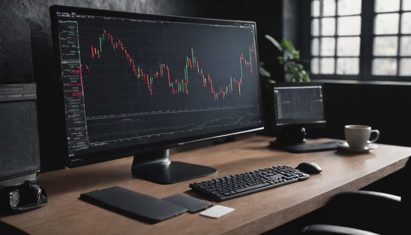 On the table there is a computer monitor and a keyboard, Display of stock charts, Shock waves come out, high picture quality, Dark Setup, high quality screenshot, in front of a computer, Waveforms on top of a square diagram, Picture of the PC screen, Chart, Fibonacci flow, Tabletop work, Photo 4K, Awesome screenshot, Dark vignette