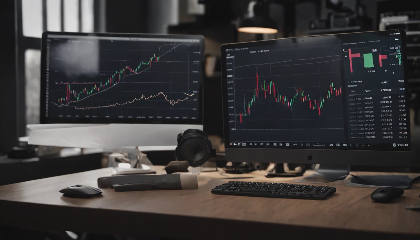 On the table there is a computer monitor and a keyboard, Display of stock charts, Shock waves come out, high picture quality, Dark Setup, high quality screenshot, in front of a computer, Waveforms on top of a square diagram, Picture of the PC screen, Chart, Fibonacci flow, Tabletop work, Photo 4K, Awesome screenshot, Dark vignette