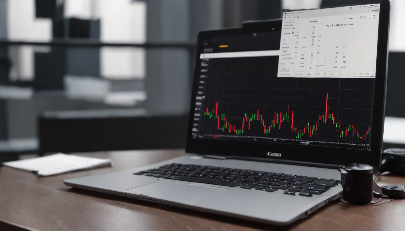 On the table there is a computer monitor and a keyboard, Display of stock charts, Shock waves come out, high picture quality, Dark Setup, high quality screenshot, in front of a computer, Waveforms on top of a square diagram, Picture of the PC screen, Chart, Fibonacci flow, Tabletop work, Photo 4K, Awesome screenshot, Dark vignette