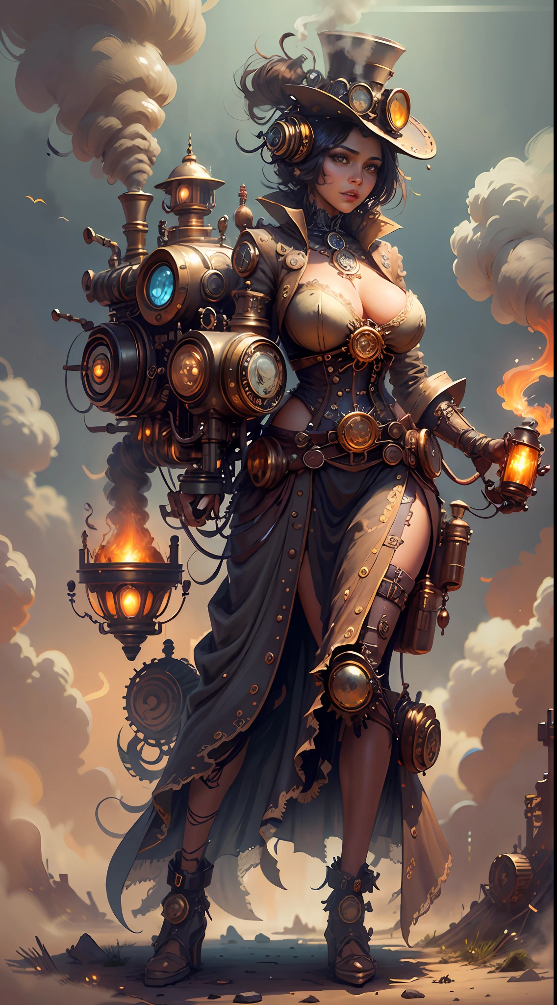 There's a sexzy indian 1woman with a steam-powered dusky skin, with big boobs,Royal look,helmet, arte conceitual steampunk, sexzy full body view top to bottom, stsnding in backview turning camera, random camera anhle,dark smoke fog background,arte steampunk digital, arte steampunk de alta qualidade, Wojtek FUS, arte digital steampunk, detailed wild steampunk illustration, Portrait of a gold and copper mechanical woman, arte steampunk, estilo de arte dieselpunk, cyberpunk steampunk, estilo de fantasia steampunk, Arte digital altamente detalhada em 4k, sci-fi steampunk