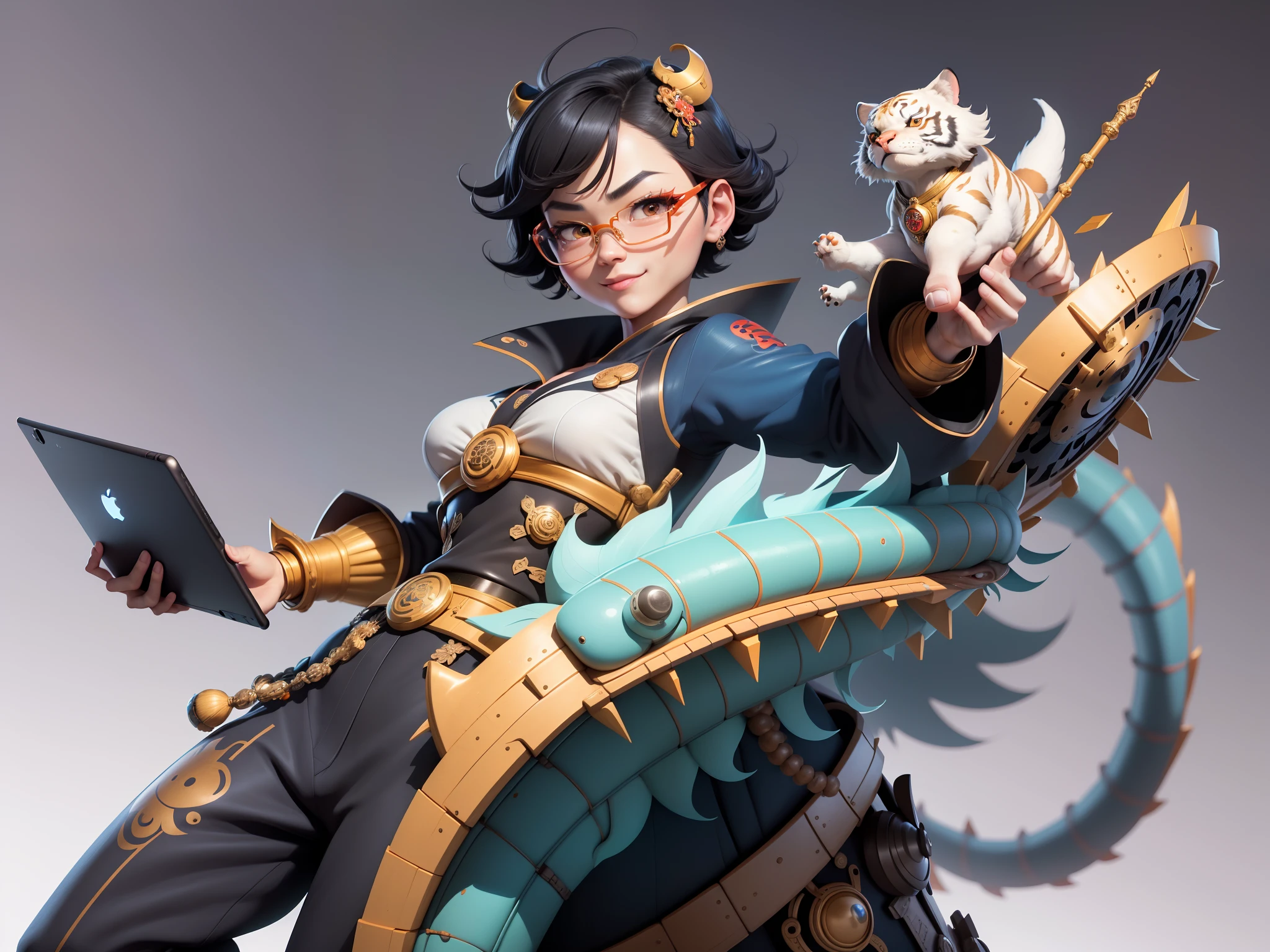 (Masterpiece), (Excellent), (Super Meticulous), (Full Body: 1.2), Super Young Man with Japanese Female Geisha, Pretty, Beautiful, Chinese Dragon, Tiger, Wind God Thor, Sexy, Bursting, Oriental Face, TV Anchor, Bust Portrait Illustration, Black Suit, Blue Tie, Slightly Chubby Face, Silver Glasses, Very Clean Face, No Beard on Chin, Black Super Short Hair, Black Eyes, Confident Smile, 3c Computer Sub-Products, iPad, iPhone, Digital Painting, 3D character design by Mark Clairedon and Pixar and Hayao Miyazaki and Akira Toriyama, the illustrations are HD illustrations in 4K resolution with highly detailed facial features and cartoon-style visuals.