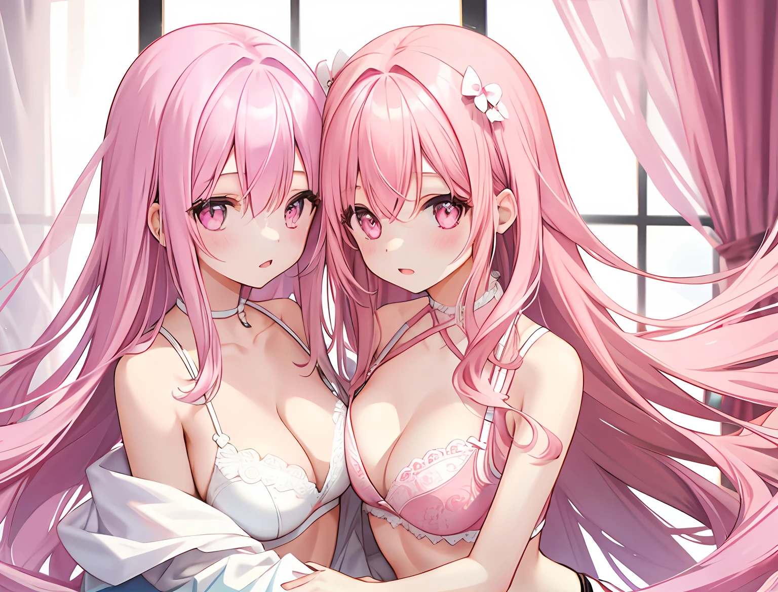 2girls,A pink-haired,long whitr hair,mediuml breasts,Wear only a bra,Breast collision,Light panties,-for-tat