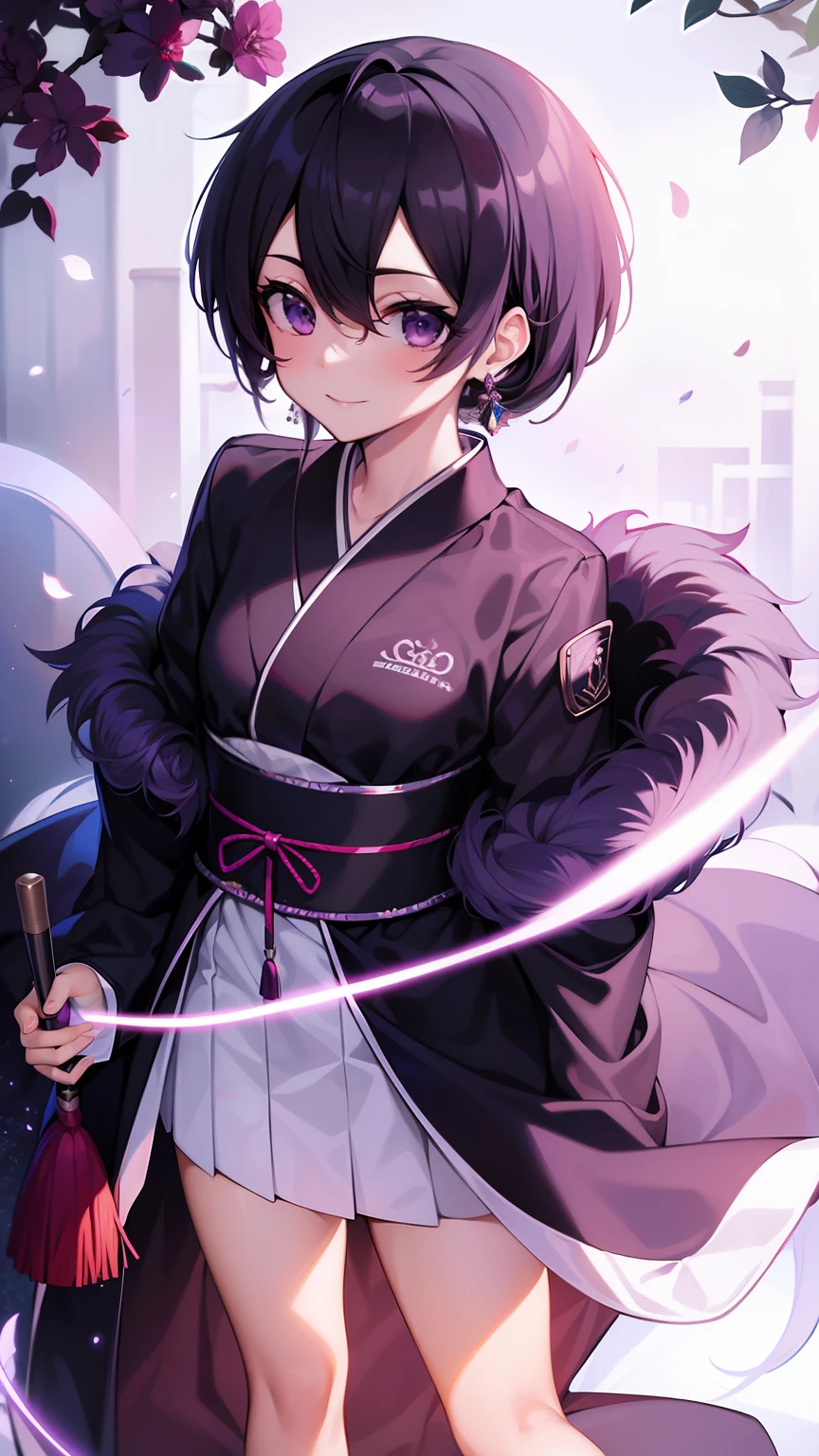 tmasterpiece, High- sharpness, Best quality at best, 1girls solo, ssmile, Kimono sex turn,cabelos preto e longos,Purple eye