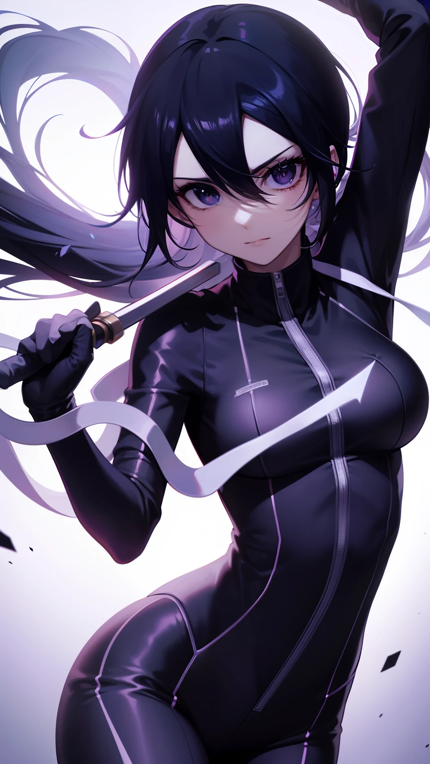 Best quality, high resolution, Ultra-detailed, Against the strong, Tight jumpsuits,Highlight her gorgeous figure, Dynamic lighting, white colors/Black contrast, intense emotion, Timeless beauty, Sexual turn,cabelos preto e longos,Purple eye