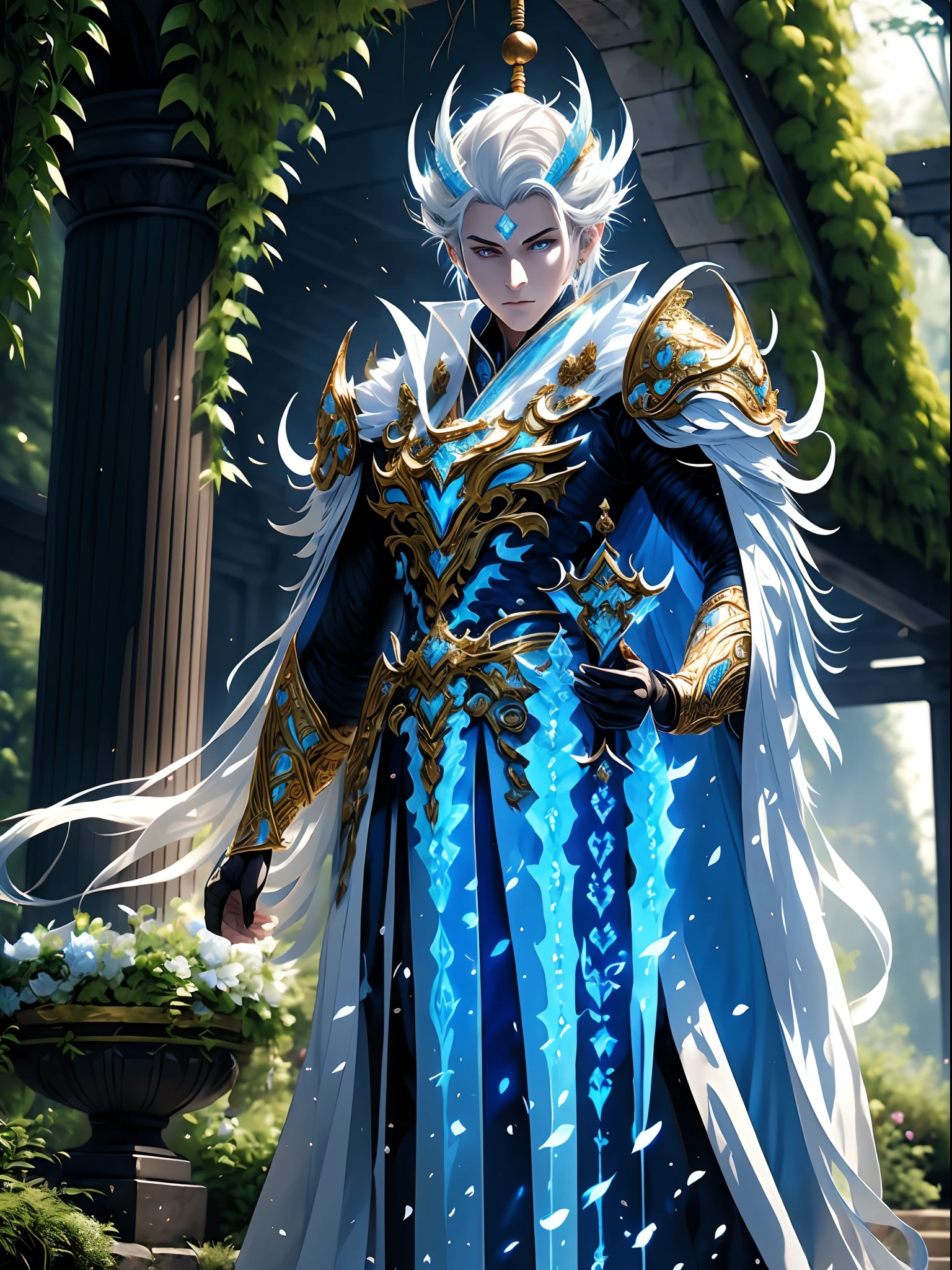 young emperor, portrait, photorealistic, fantasy, intricate, short white hair, ice mage, wearing white chinese dragon robe, walking by the garden, hanging gardens of babylon, intimidating, highly detailed, digital painting, illustration, semirealistic, glowing blue eyes