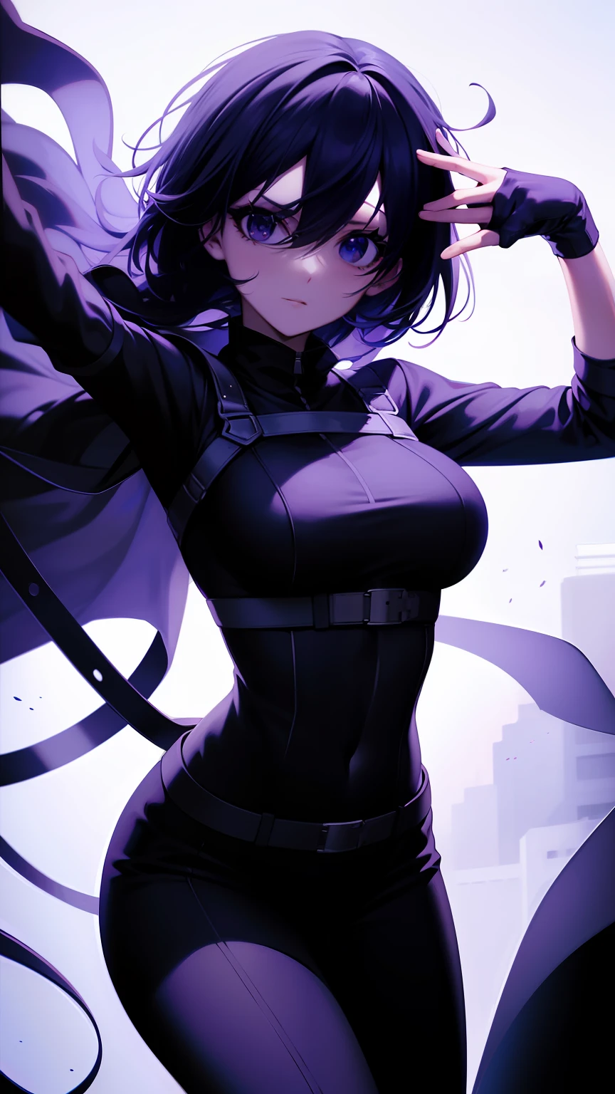 Best quality, high resolution, Ultra-detailed, Against the strong, Tight jumpsuits,Highlight her gorgeous figure, Dynamic lighting, white colors/Black contrast, intense emotion, Timeless beauty, Sexual turn,cabelos preto e longos,Purple eye