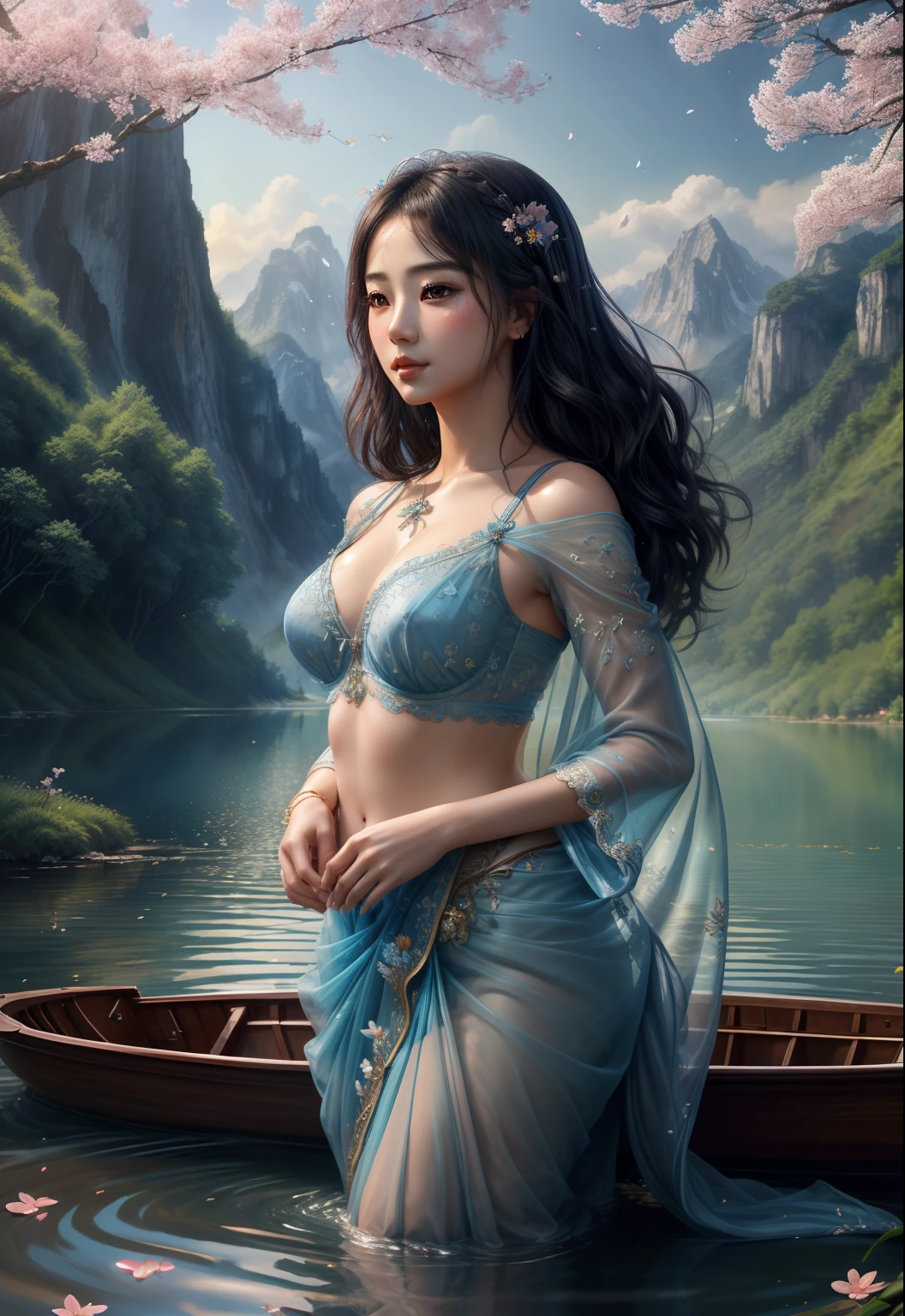 high quality fingers, normal hands, detailed fingers,masterpiece, (realistic, photo-realistic:1.37), (25 years old korean girl), in translucent blue saree, traslucent blue bra, a big flower on her hair, mountains, lake, trees, clouds, medium breast, small waist, dark black hair, beautiful face, perfect illumination, beautiful detailed hazel eyes,looking at viewer, stunningly beautiful woman, detailed hairstyle, fantasy detailed background, detailed fantasy background, (sweat:1), falling petals, open hair, wind, fireflies, bathing in the lake, boat, swan,gorgeous digital art, very beautiful digital art, close up fantasy with water magic, beautiful fantasy art, beautiful digital painting, beautiful digital illustration, gorgeous digital painting,