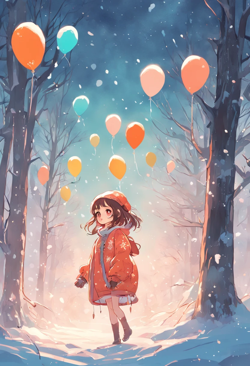 there is a girl that is standing in the snow with balloons, many trees, and the snow is on the top of a tree, a beautiful artwork illustration, snowy forest, stylized digital illustration, colorful illustration, ccolourful illustration cute detailed digital art, cute digital art, 2. 5 d illustration, illustration, exquisite digital illustration, fairy-tale illustration style, dreamy illustration, high quality illustration, 2d matte illustration