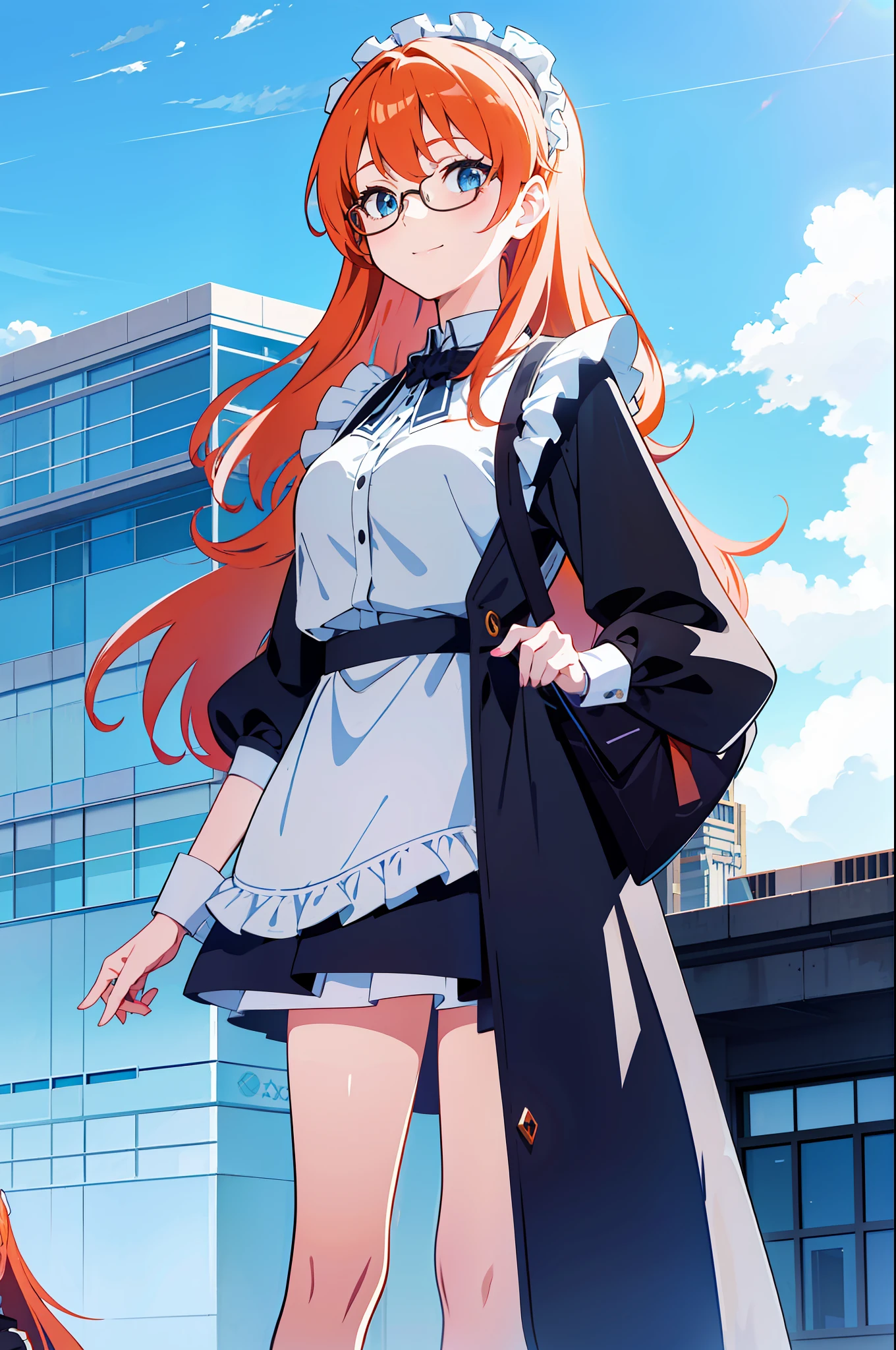 Beautiful anime-style illustrations,Beautiful blue sky and white cloud background,Wide perspective,Two teenage girls standing in front of the background,On the left of the camera is a girl with long orange hair and bangs,greene eyes,Wearing a black maid outfit,The orange-haired girl smiled and looked at the camera with both hands Biye!The eyes are wide open,Very cute, on the right of the camera is a girl with short pink hair,blue color eyes,Wearing a pair of glasses,voluptuous figure,Wearing a black secretarial outfit,Fair legs wearing black silk,A pair of black high heels,The girl with short pink hair held her hands to her chest and pursed her mouth and smiled gently