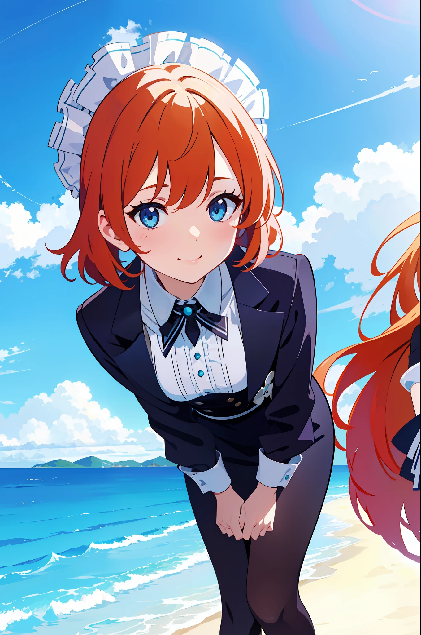 Beautiful anime-style illustrations，Beautiful blue sky and white cloud background，Wide perspective，Two teenage girls standing in front of the background，On the left of the camera is a girl with long orange hair and bangs，greene eyes，Wearing a black maid outfit，The orange-haired girl smiled and looked at the camera with both hands Biye！The eyes are wide open，Very cute, on the right of the camera is a girl with short pink hair，blue color eyes，Wearing a pair of glasses，voluptuous figure，Wearing a black secretarial outfit，Fair legs wearing black silk，A pair of black high heels，The girl with short pink hair held her hands to her chest and pursed her mouth and smiled gently