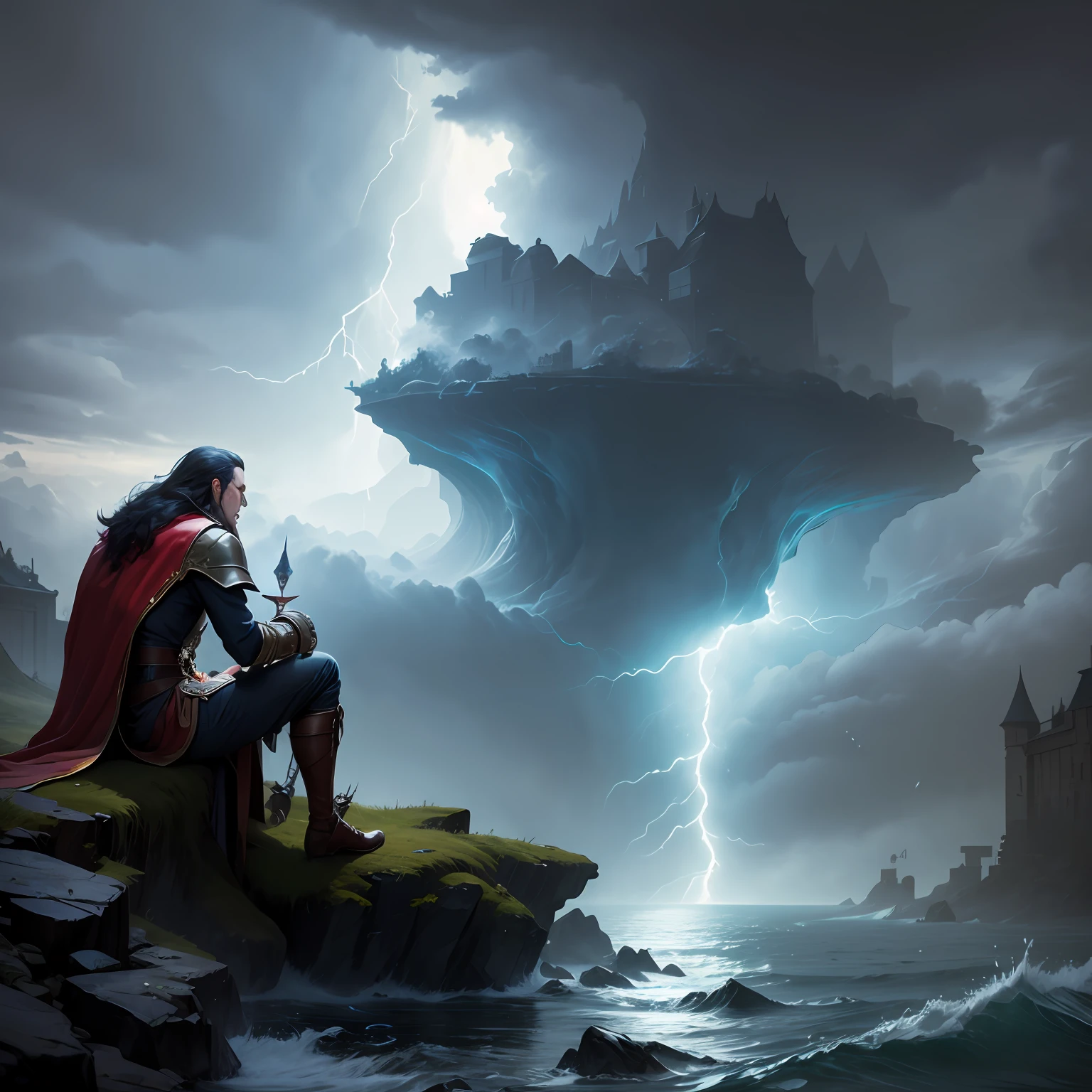 Castlevania Lord of the shadows sitting on weaves sea thunder storm Epic scene super detailed hyper realistic