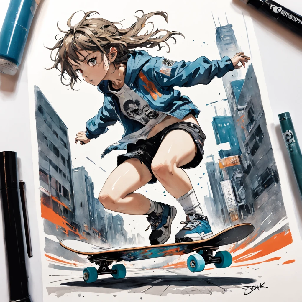 (((Yoji Shinkawa))), sticker of ultra detailed portrait of Noelle Silva skateboarding, high quality cell shaded illustration in post apocalyptic style by Yoji Shinkawa, full body, dynamic pose, perfect anatomy, centered, freedom, soul, approach to perfection, cell shading, 8k , cinematic dramatic atmosphere, watercolor painting, global illumination, detailed and intricate environment, artstation, concept art, fluid and sharp focus, volumetric lighting, cinematic lighting, Art by Yoji Shinkawa