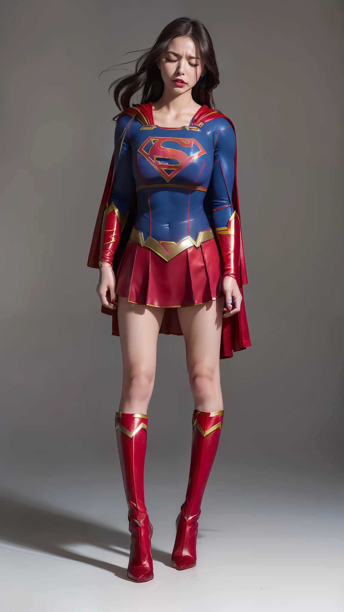 (((Make the most of the original image)))、(((Supergirl Costume)))、(((tricky)))、(((Eyes closed、s asleep)))、((bras、weak legs))、(((Facing down、Depressed)))、((Get))、((Suffering))、((Doll condition))、((Suffering))、(((Wear red gloves)))、(((lustrous dark hair)))、(((Suffering)))、(((It's over)))、
