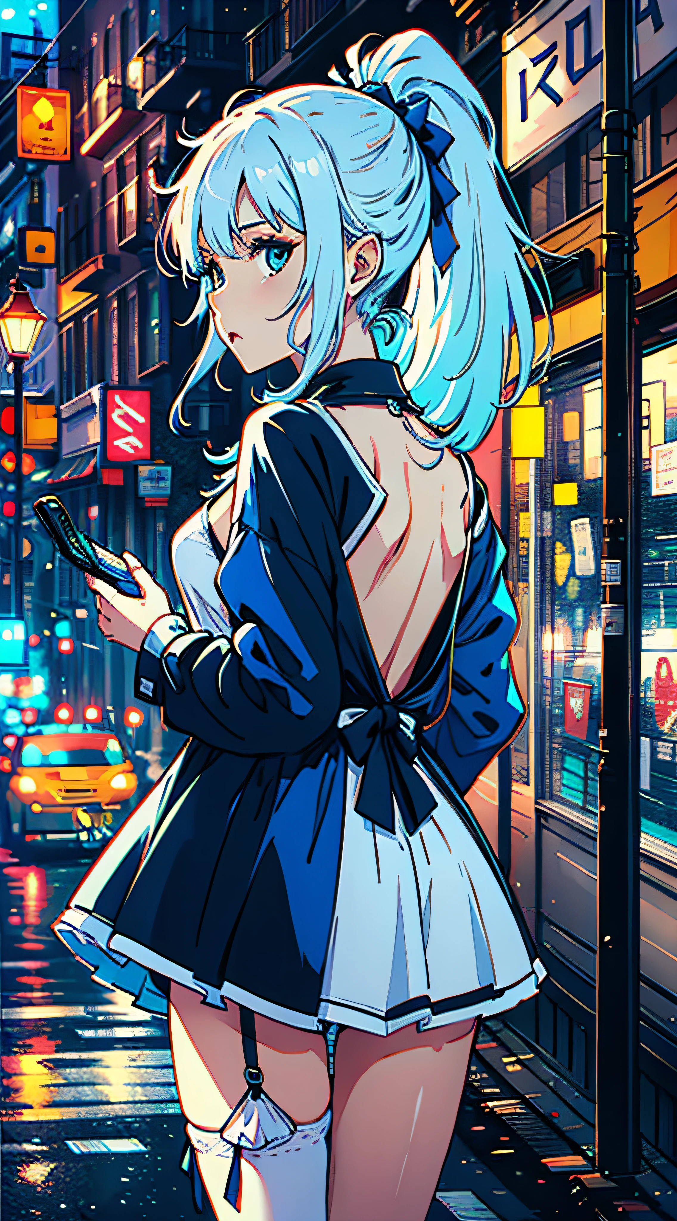 Russian streets,1girll,the lora,High ponytail,Blue and white color scheme,Back Shadow