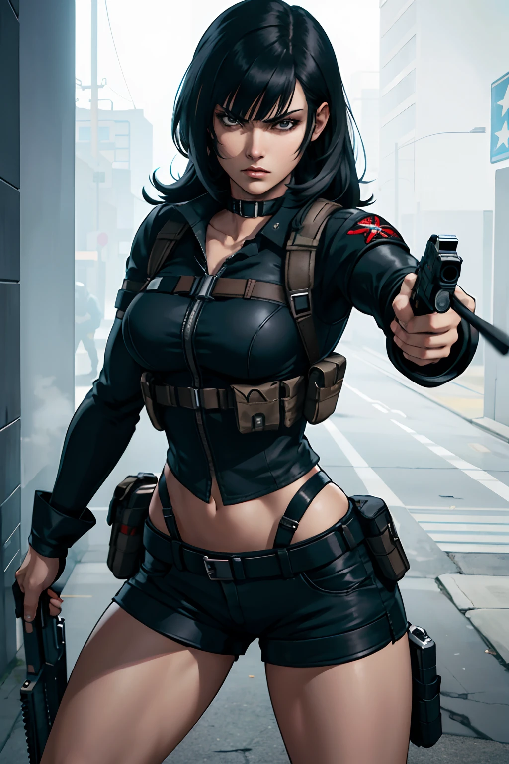 Resident evil girl long black hair with straight bangs black shorts with holster, black clothes, tactical holster, and holding pistol, shooting, angry, Fighting, fight,