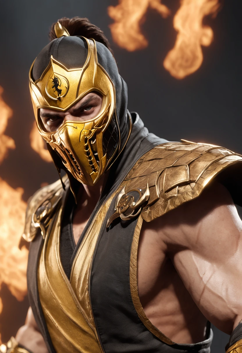 A cinematic marvel: Scorpion of Mortal Kombat emerges in ultra hyper-realistic glory in Unreal Engine 5, adorned in a resplendent modern regal attire that shimmers with intricate golden threadwork and luxurious textured fabrics. His eyes blaze like fire, casting an otherworldly glow as he wields flames in legendary combat, creating a mesmerizing spectacle of power and elegance. Every detail, from the strands of his fiery mane to the ethereal smoke curling around him, is captured in stunning 8K ultra-high detail, transporting you into a realm where myth and reality intertwine."