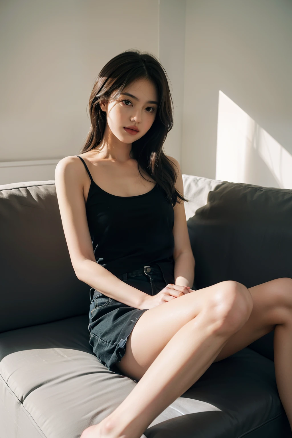 1girll,Sit on a comfortable sofa,Cross ed leg,Soft light
