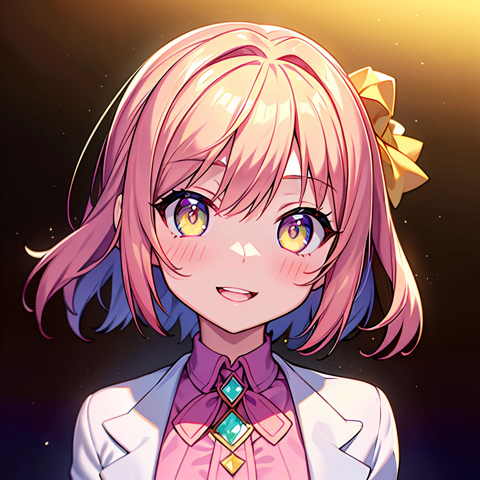 (masterpiece:1.1), (best quality:1.1), (anime screencap:1.1) of (1girl in the street, heart eyes, 😍, blushing, smiling wide, open mouth, pink, yellow, light yellow, azure, big eyes, looking at the viewer, white coat:1), crepuscular rays, (pouty lips, portrait, close up), (crisp:1.1), (ultra detailed), centered, colorful, glowing, (depth of field), finely detailed, (edge detection:1), (120mm), beautiful eyes, (intense lighting:1.1), fine art, creative, face, bokeh, light caustics