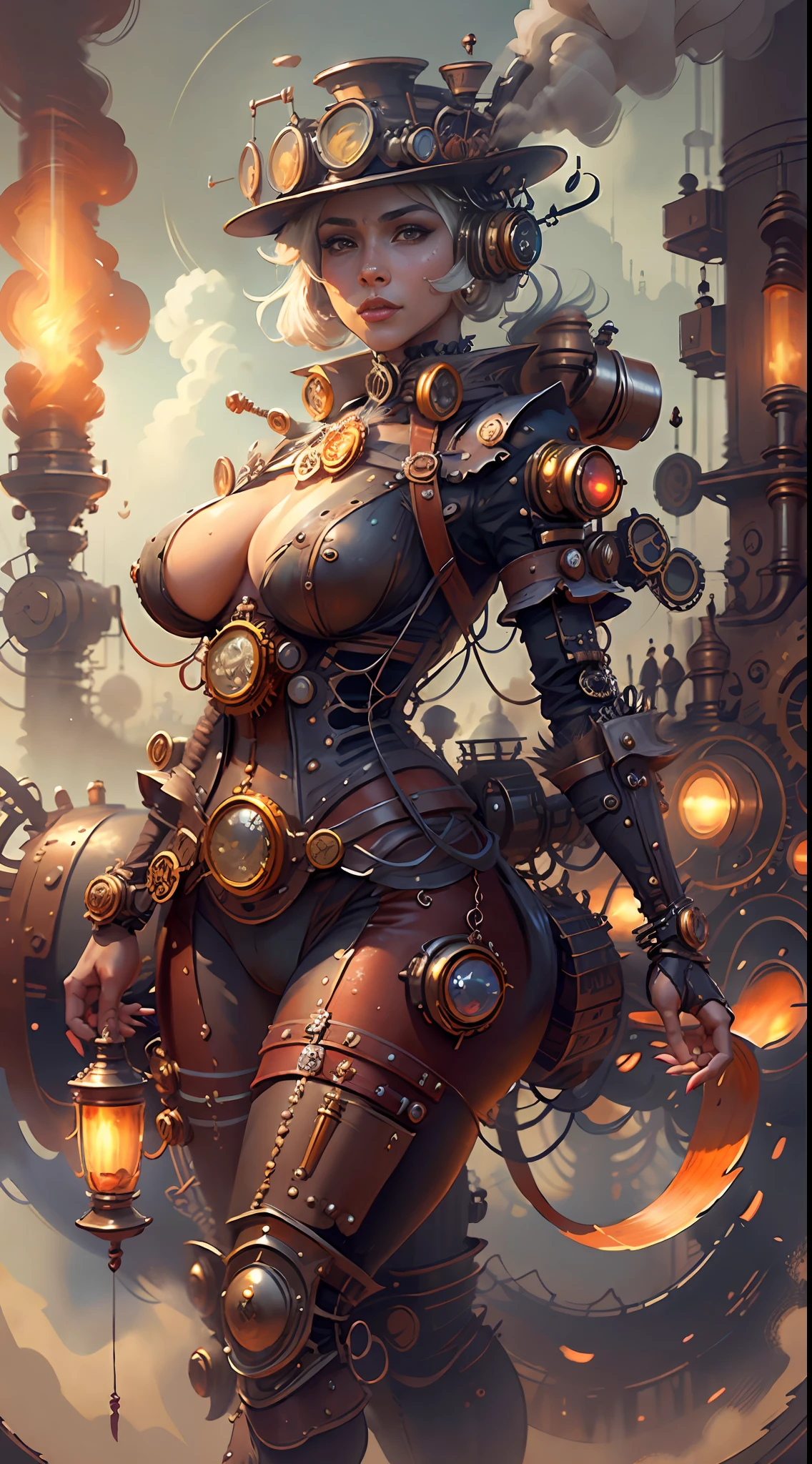 There's a sexzy indian 1woman with a steam-powered dusky skin, with big boobs,Royal look,helmet, arte conceitual steampunk, sexzy full body view top to bottom, stsnding in backview turning camera, random camera anhle,dark smoke fog background,arte steampunk digital, arte steampunk de alta qualidade, Wojtek FUS, arte digital steampunk, detailed wild steampunk illustration, Portrait of a gold and copper mechanical woman, arte steampunk, estilo de arte dieselpunk, cyberpunk steampunk, estilo de fantasia steampunk, Arte digital altamente detalhada em 4k, sci-fi steampunk