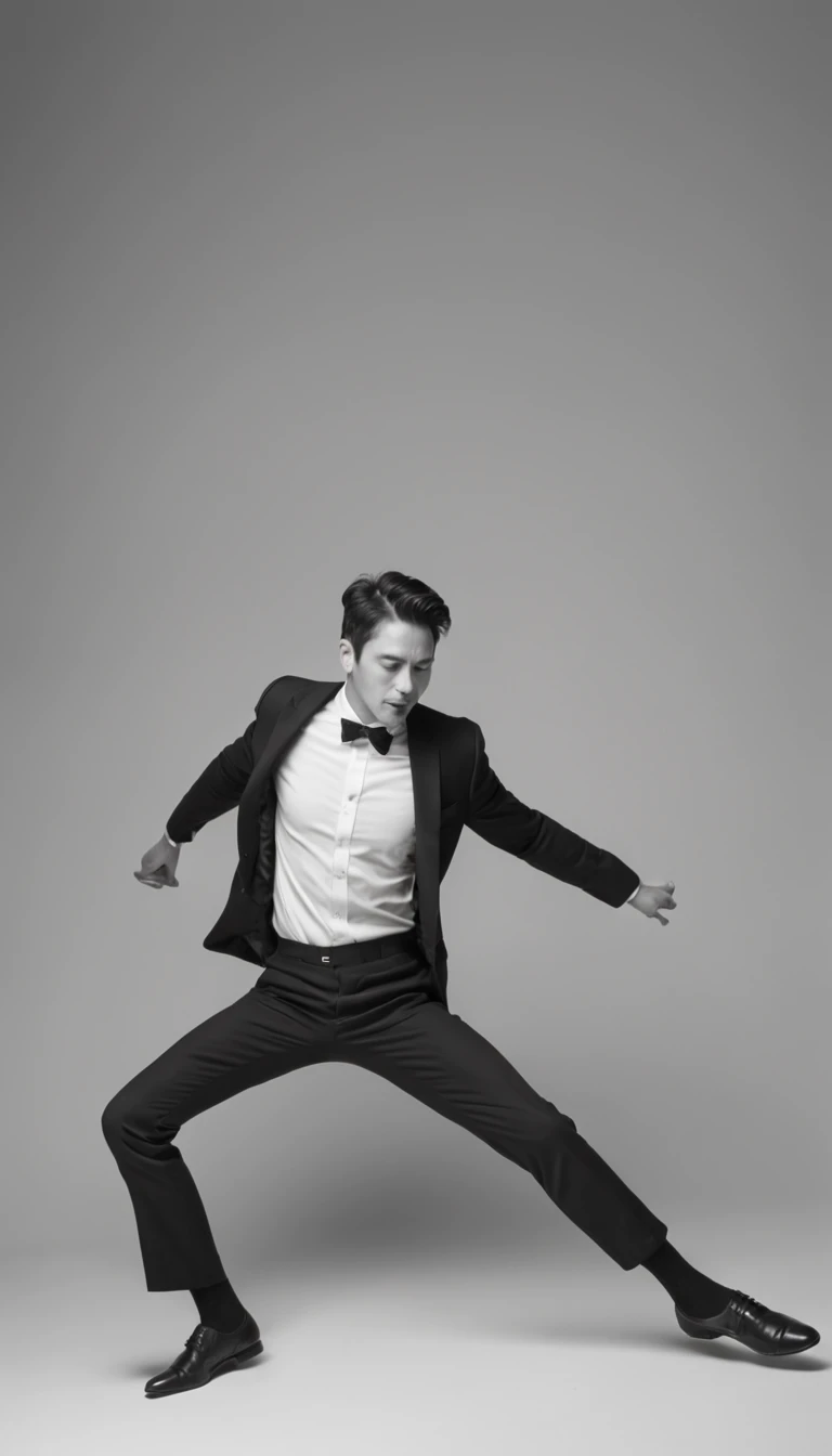 A man with black suit falling background on the ground, right leg touching the ground, and left leg on the air, high detailed, intricate details, 8K, black and white photo, white background, white floor