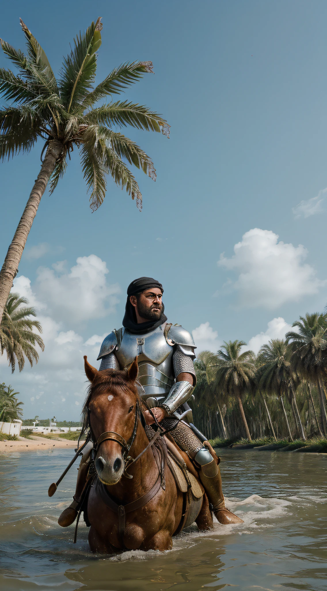 Super real, super detailed, raw, masterpiece. (Close view of A). ((face: accurate)). deep river (((in the middle of palm trees))). (Man on a horse). armored. ((Arab man)). Iraqi. He looks at the water. The horse is knee deep in water. ((In the case of: Courage)). Genki armor, 1400 years ago, Butterfly Lighting
