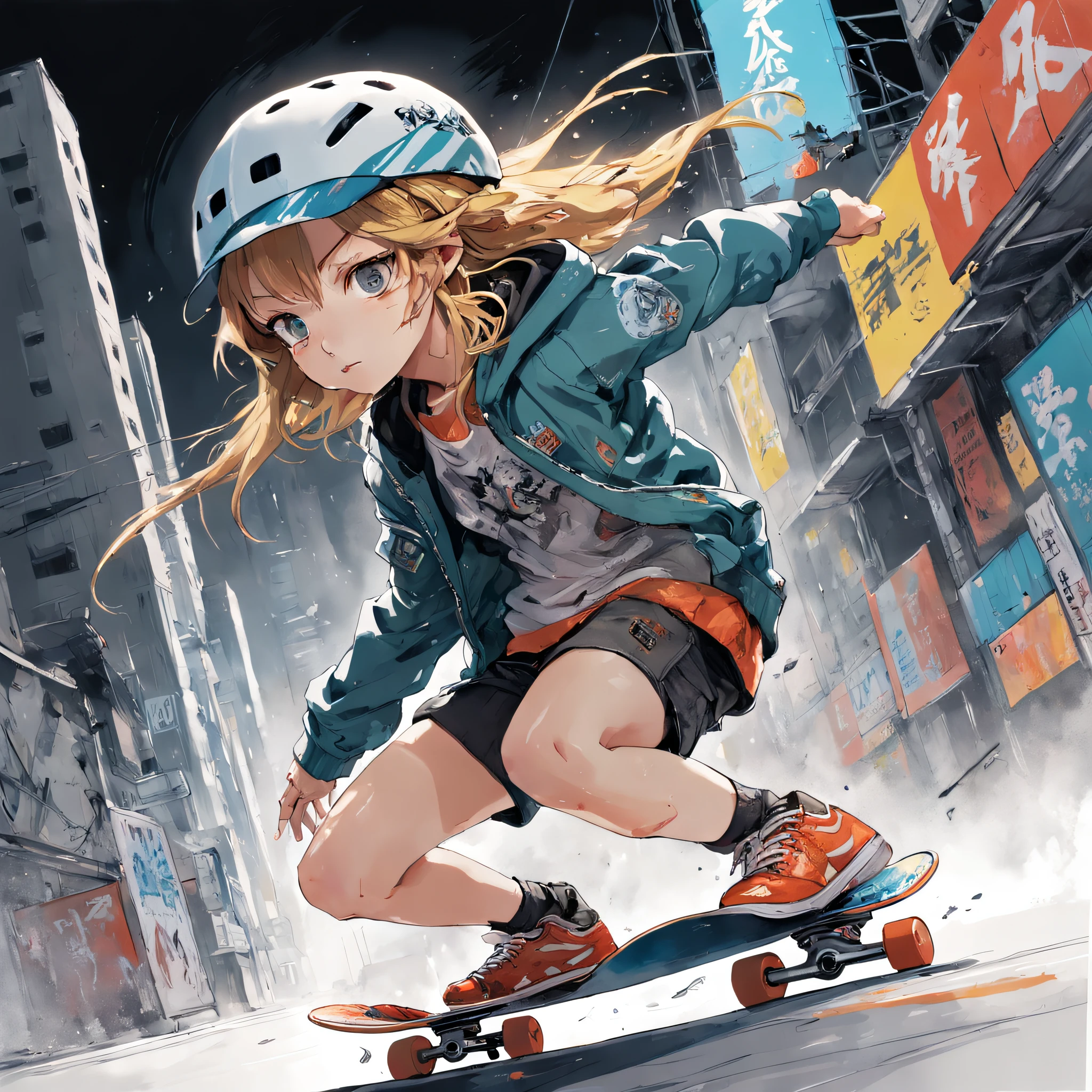 (((Yoji Shinkawa))), sticker of ultra detailed portrait of Noelle Silva skateboarding, high quality cell shaded illustration in post apocalyptic style by Yoji Shinkawa, full body, dynamic pose, perfect anatomy, centered, freedom, soul, approach to perfection, cell shading, 8k , cinematic dramatic atmosphere, watercolor painting, global illumination, detailed and intricate environment, artstation, concept art, fluid and sharp focus, volumetric lighting, cinematic lighting, Art by Yoji Shinkawa