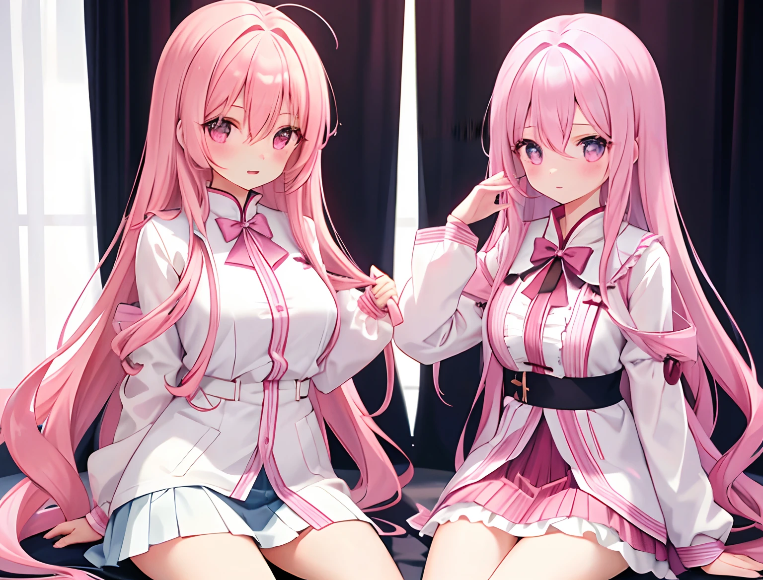 2girls,A pink-haired,long whitr hair,mediuml breasts,比基尼,Breast collision,Light panties,The same clothes