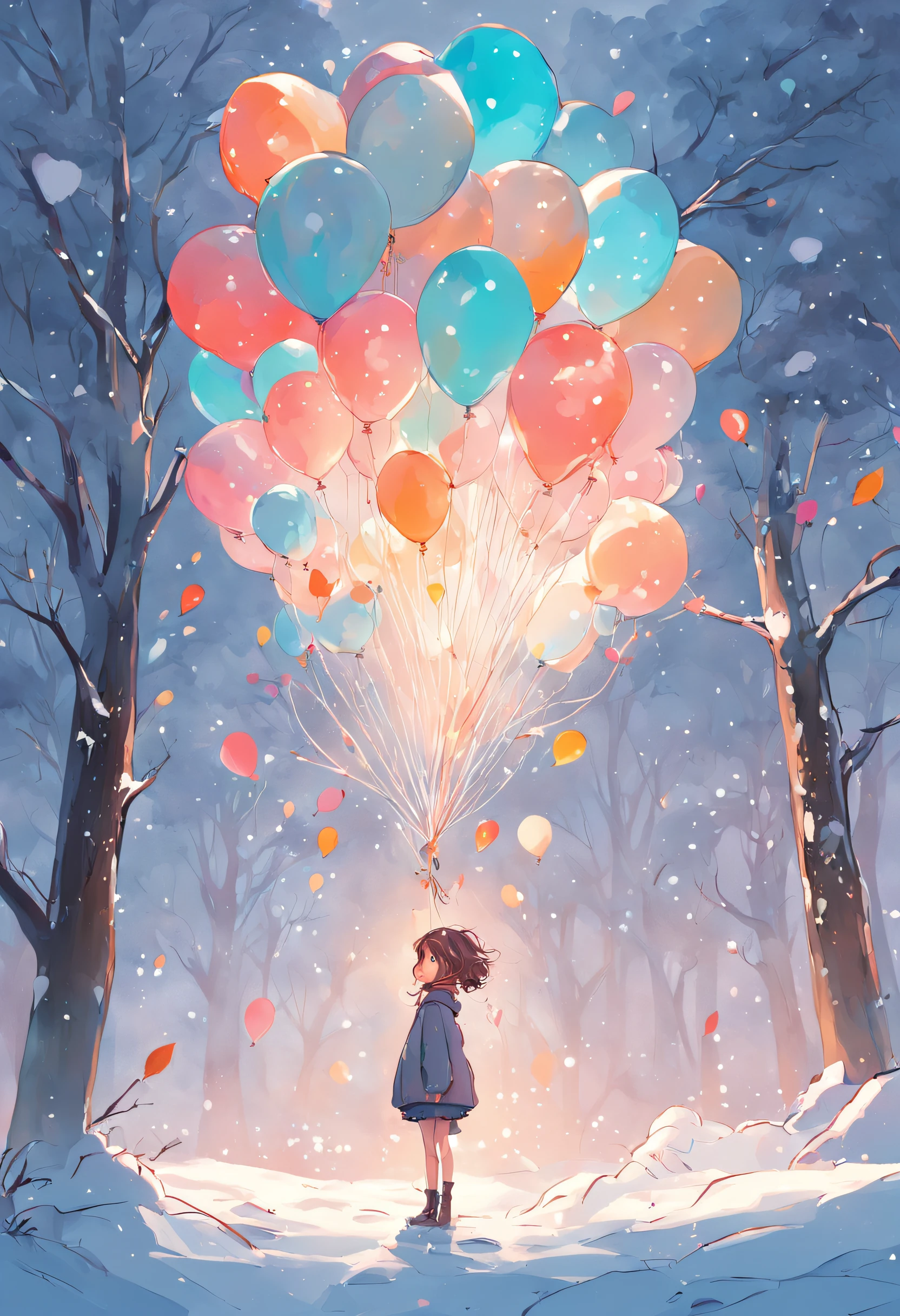 there is a girl that is standing in the snow with balloons, many trees, and the snow is on the top of a tree, a beautiful artwork illustration, snowy forest, stylized digital illustration, colorful illustration, ccolourful illustration cute detailed digital art, cute digital art, 2. 5 d illustration, illustration, exquisite digital illustration, fairy-tale illustration style, dreamy illustration, high quality illustration, 2d matte illustration