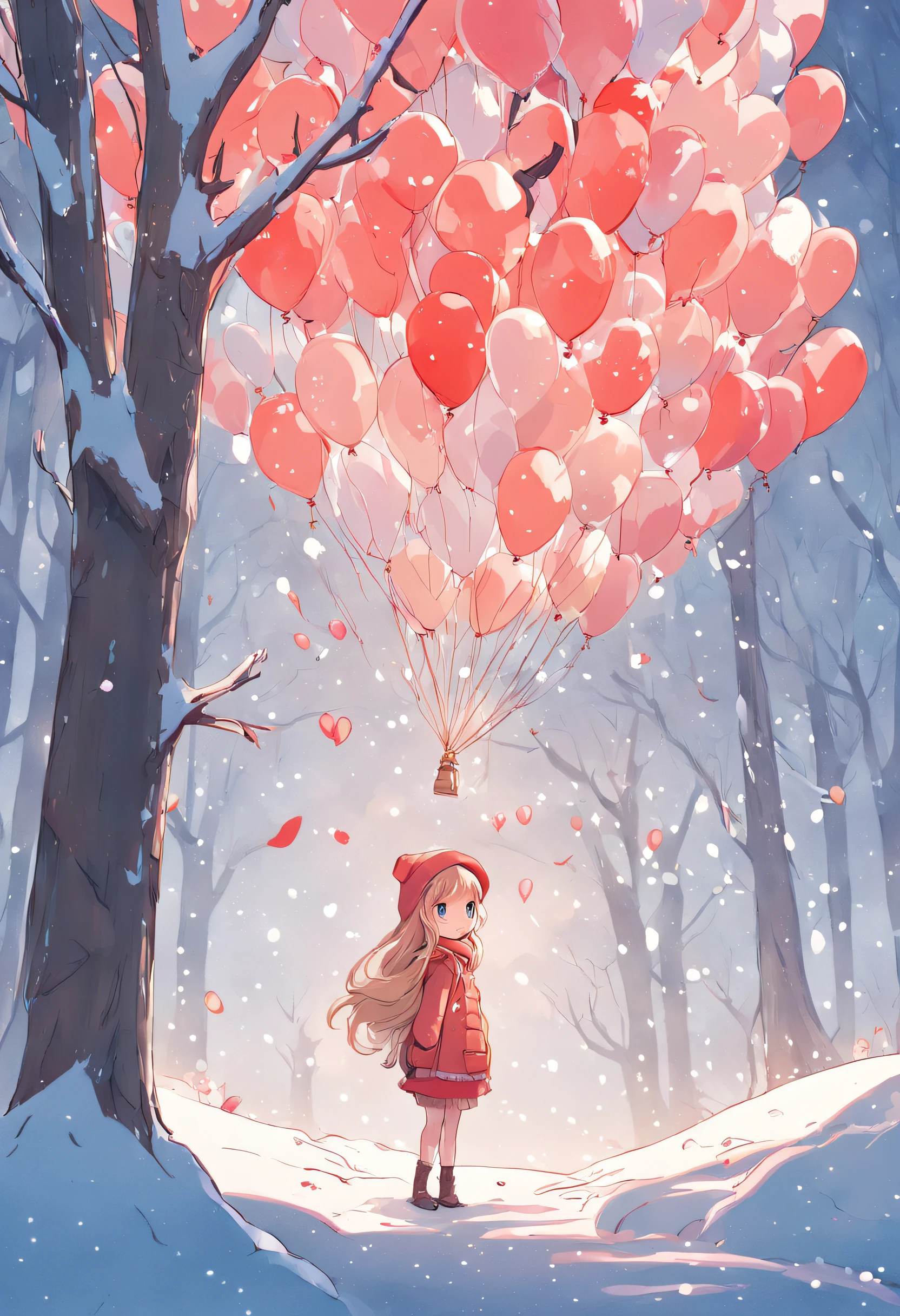 there is a girl that is standing in the snow with balloons, many trees, and the snow is on the top of a tree, a beautiful artwork illustration, snowy forest, stylized digital illustration, colorful illustration, ccolourful illustration cute detailed digital art, cute digital art, 2. 5 d illustration, illustration, exquisite digital illustration, fairy-tale illustration style, dreamy illustration, high quality illustration, 2d matte illustration