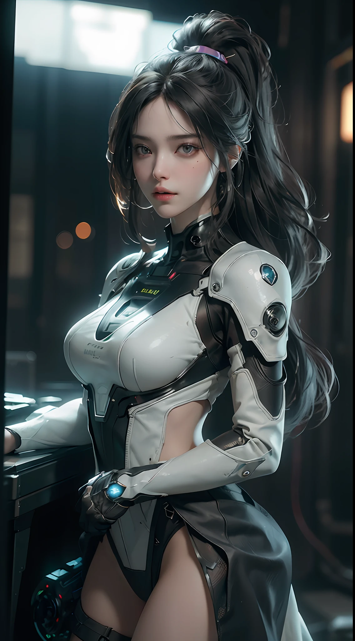 ((Best quality)), ((masterpiece)), (detailed:1.4), 3D, an image of a beautiful cyberpunk female,HDR (High Dynamic Range),Ray Tracing,NVIDIA RTX,Super-Resolution,Unreal 5,Subsurface scattering,PBR Texturing,Post-processing,Anisotropic Filtering,Depth-of-field,Maximum clarity and sharpness,Multi-layered textures,Albedo and Specular maps,Surface shading,Accurate simulation of light-material interaction,Perfect proportions,Octane Render,Two-tone lighting,Wide aperture,Low ISO,White balance,Rule of thirds,8K RAW,
