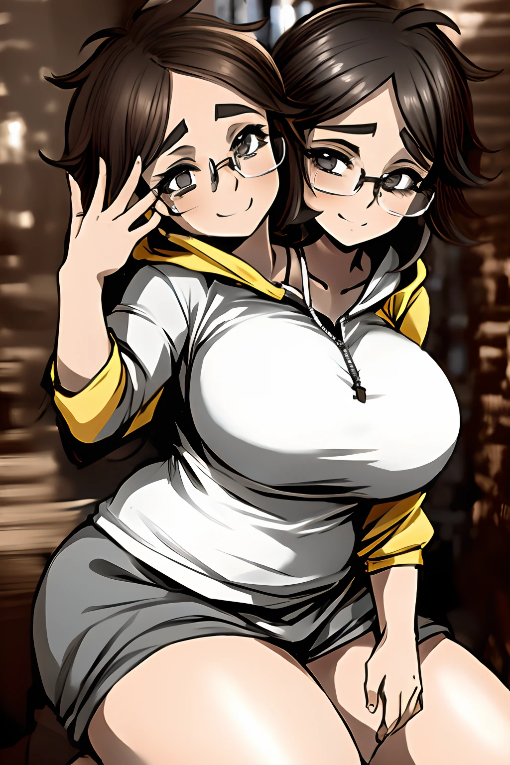 2 heads, a tall chubby woman with 2 heads. Massive breasts. In a cozy cabin. Wearing tank top. Big long messy hair in bun. Nerdy, hipster. Gorgeous face. Wide eyes. Pale skin. Happy. Extremely huge fake tits. Giant erect nipples. Blushing. Huge boobs. Extreme tits. Breasts resting on table. Boobs on table. Tits laying out on the table. Love. Lustful. Laughing. Mommy. Blushing. Sexy. Extremely huge breasts. Huge body, extremely tall, giantess, massive woman. Holding breasts, touching breasts, squeezing breasts. 