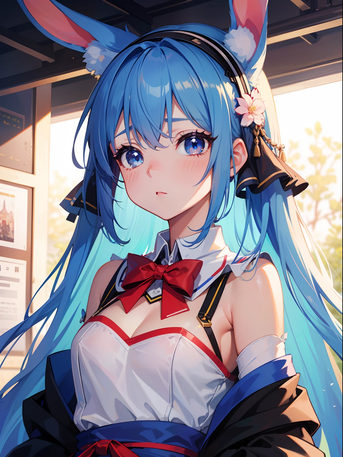 （Top quality ultra-detailed CG art、Cultural Festival、Rabbit ear headband：1.2）School Cultural Festival、Blue hair、Big eyes、cold stare、Cool Beauty、1６age、red blush、Troubled eyes、Twin-tailed、、breasts are small、Summer school uniform、