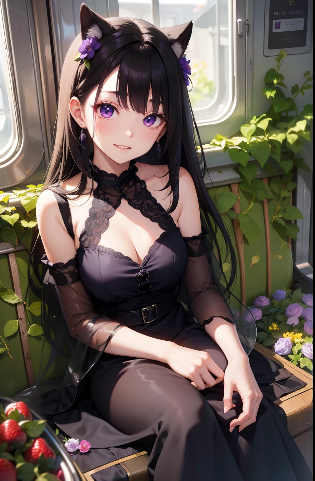 Top image quality、Glossy glossy skin、White teeth、Glossy、Clip hair original character、Volume lighting、Brunette Straight Hair、Purple and black eyeliner、black color dress，Strawberry pattern、Inside a rusty train、Light particles、Full of ivy and withered flowers