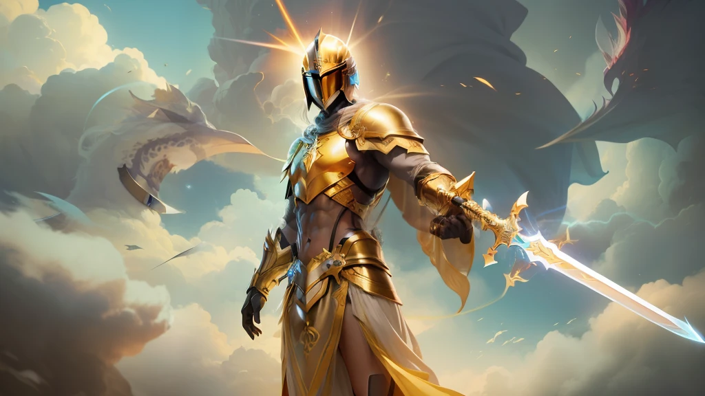 Um Deus de luz, justice and wisdom, que usa armadura dourada, com uma juba loira que tremula no ar, has an ethereal aura with golden sword, e sua figura transmite paz e poder ((descendo do ceu))