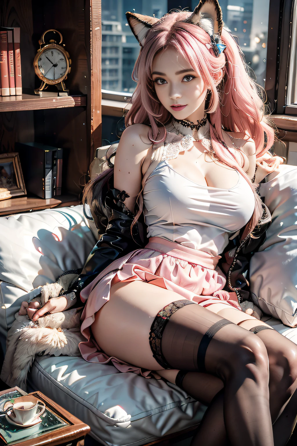 gentlesoftlighting， 1girll， 独奏， Sat down， （starrysky， the night， 城市）， （pink garter：1.2），thigh high，pink garter，（Huge_Breasts：1.4）， fox ear， （subsurfacescattering）， long whitr hair， Pink skinny dress，shighleg leotard， Frilled tight skirt， Pink decoration，Black sofa， messy  hair， Pink hair， gloves on the elbow， see-through transparent clothes， janelas， bookshelves， lace neck garter，white bows，pink ribbons