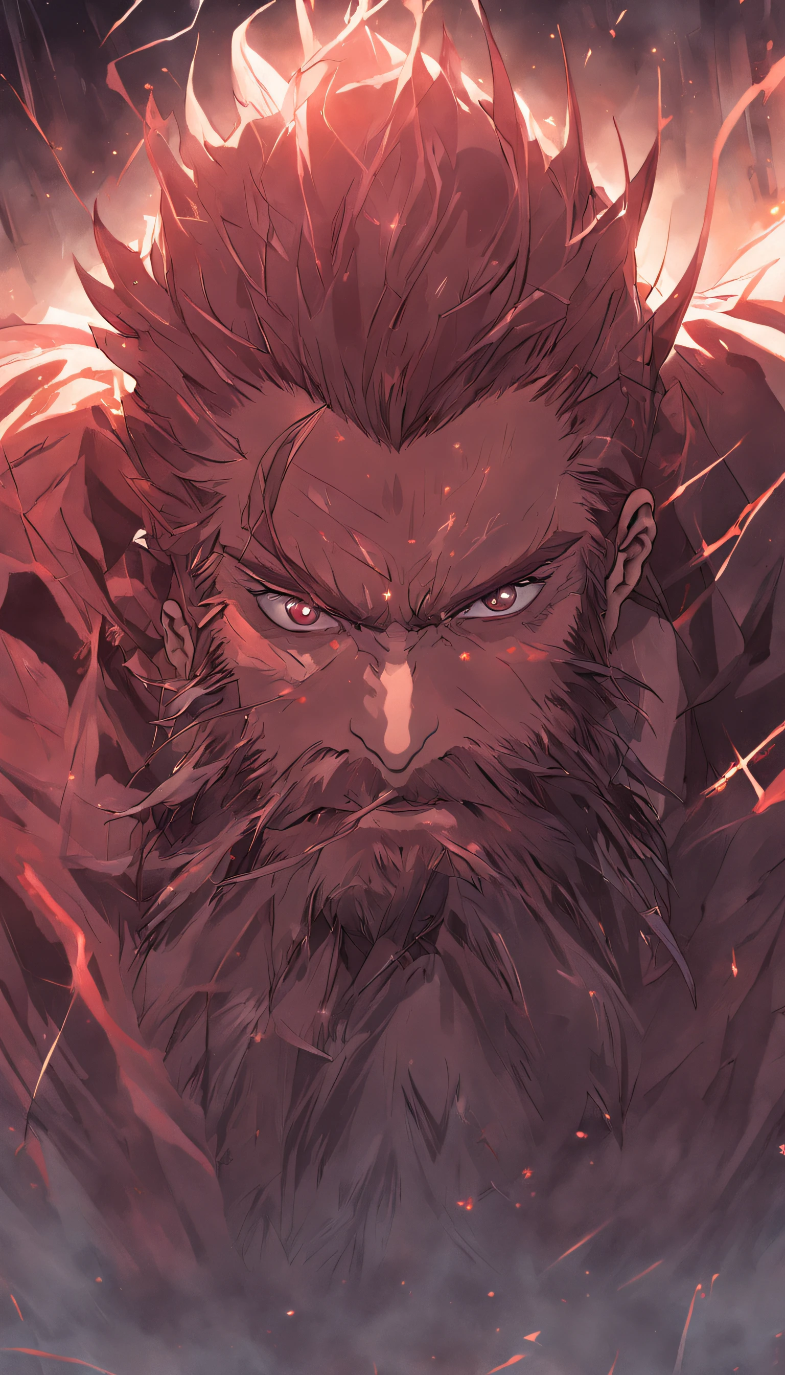 Bloody and screaming muscle god green eyes long hair beard
