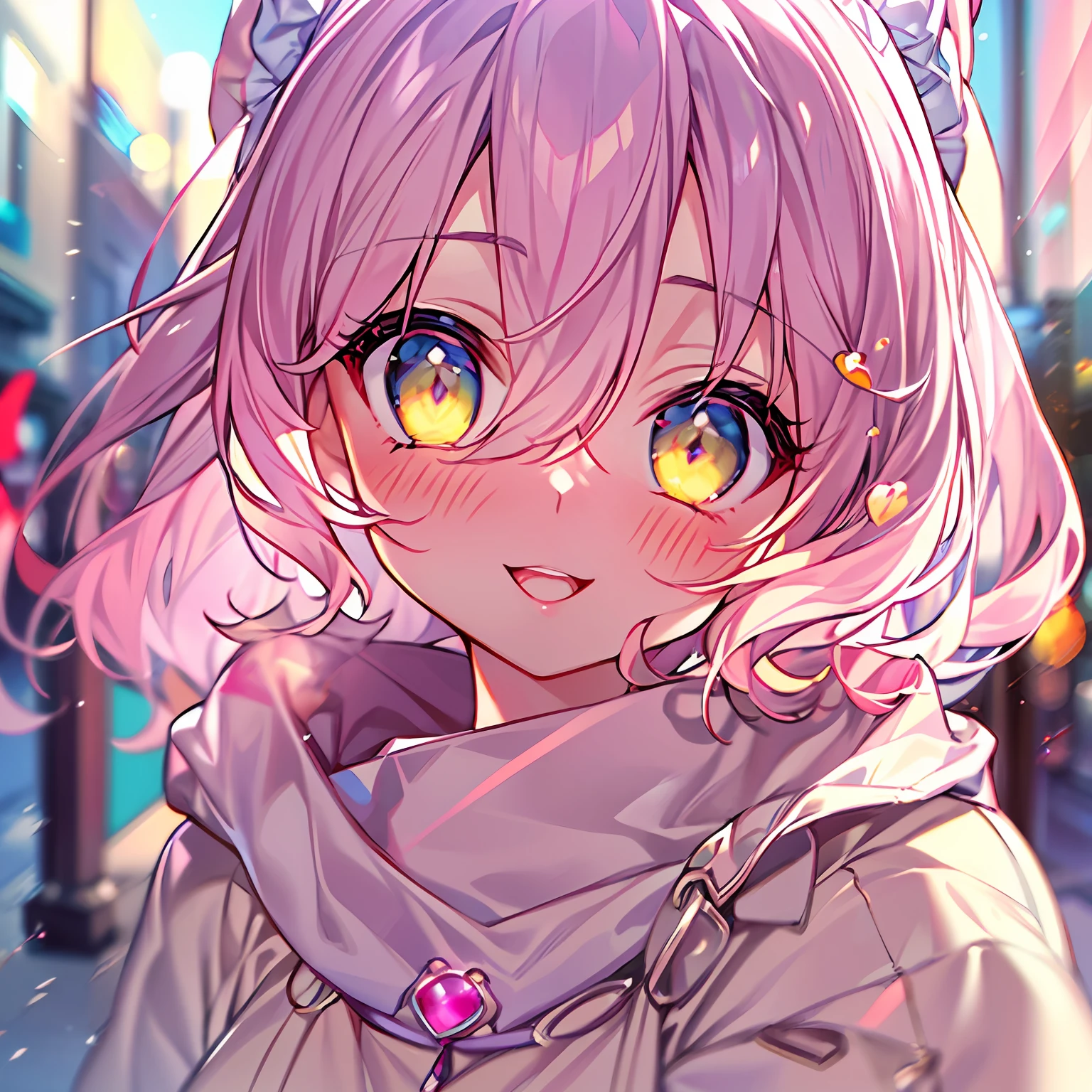 (masterpiece:1.1), (best quality:1.1), (anime screencap:1.1) of (1girl in the street, heart eyes, 😍, blushing, smiling wide, open mouth, pink, yellow, light yellow, azure, big eyes, looking at the viewer, white coat:1), crepuscular rays, (pouty lips, portrait, close up), (crisp:1.1), (ultra detailed), centered, colorful, glowing, (depth of field), finely detailed, (edge detection:1), (120mm), beautiful eyes, (intense lighting:1.1), fine art, creative, face, bokeh, light caustics
