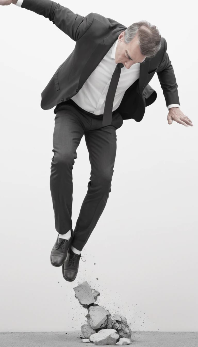 a minimal pencil sketch of a man with black suit falling backward on the ground, right leg touching the ground, and left leg on the air, high detailed, intricate details, 8K, black and white photo, white background, white floor